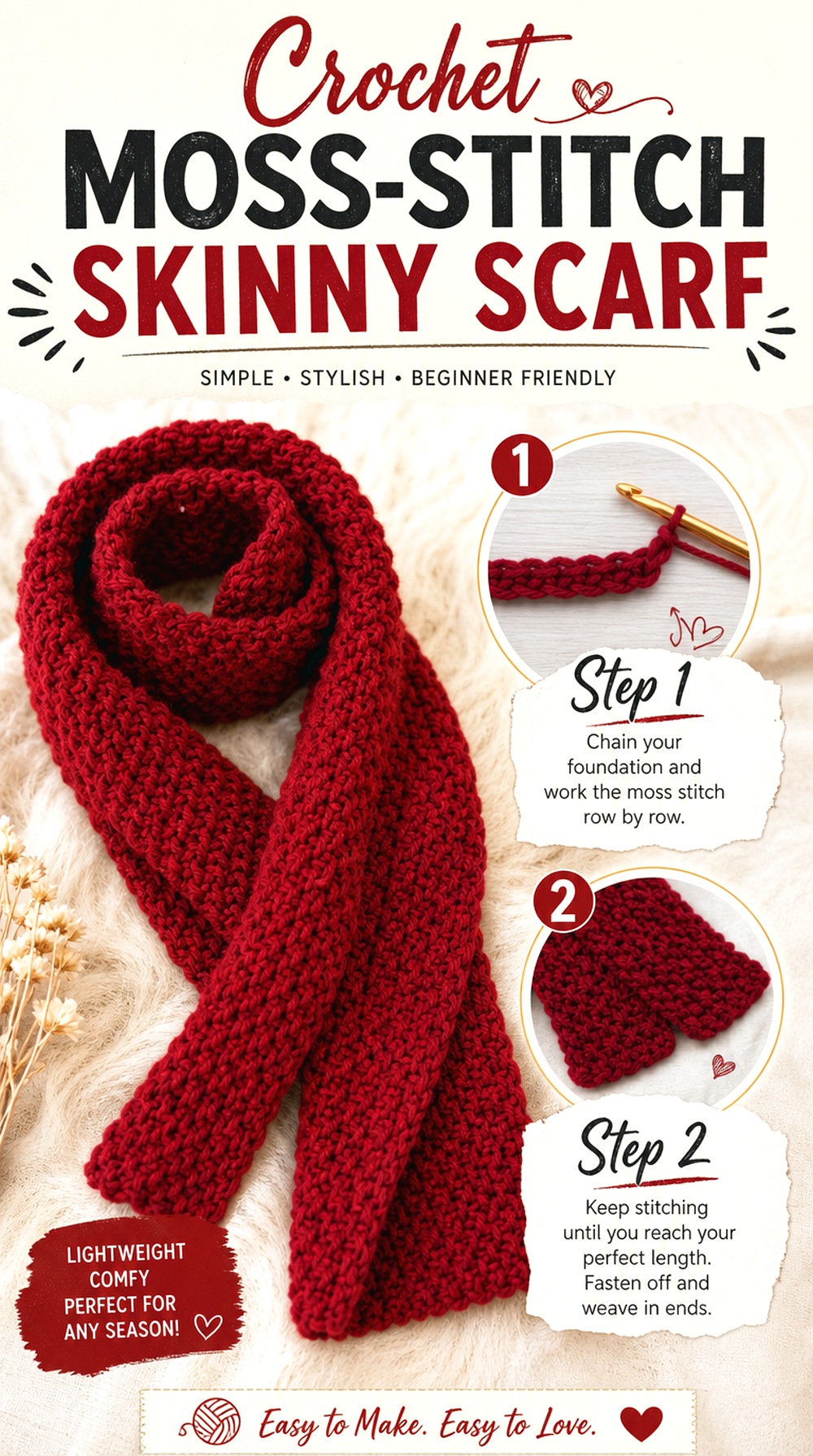 Crochet Moss Stitch Skinny Scarf