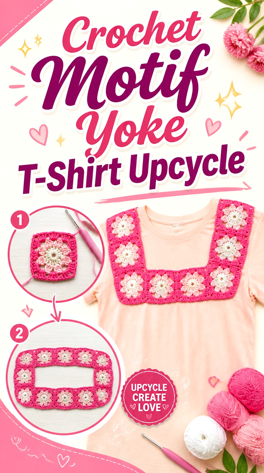 Crochet Motif Yoke T Shirt Upcycle