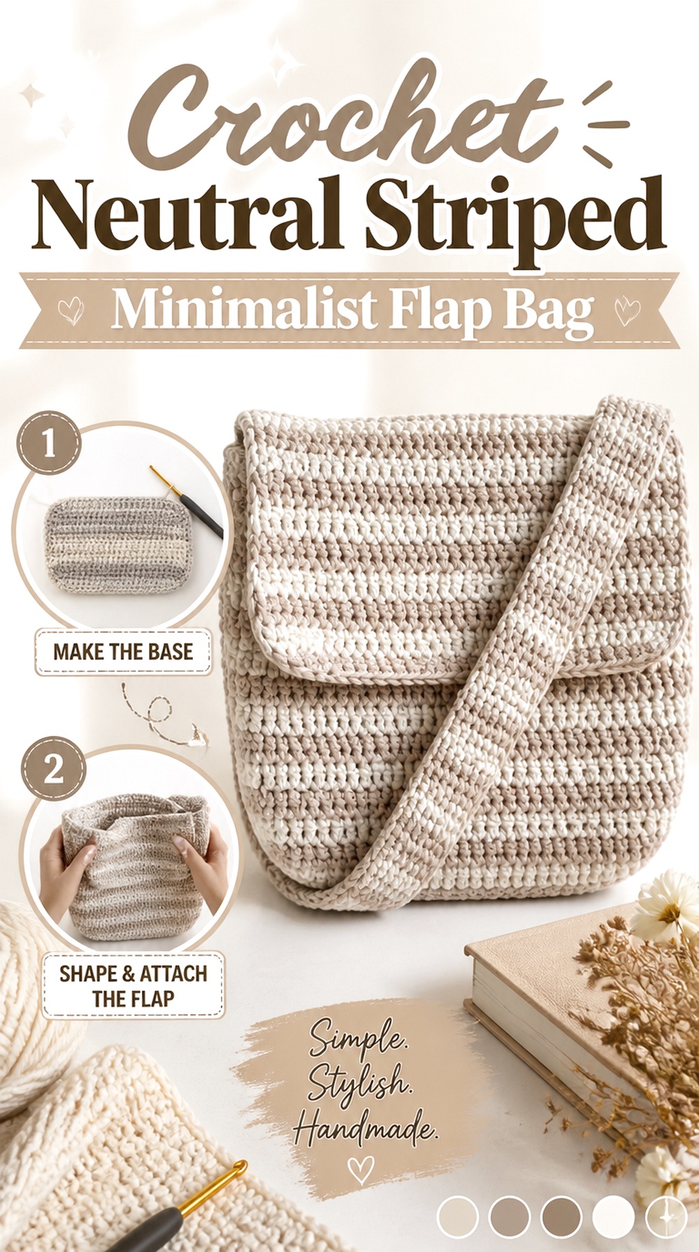 Crochet Neutral Striped Minimalist Flap Bag