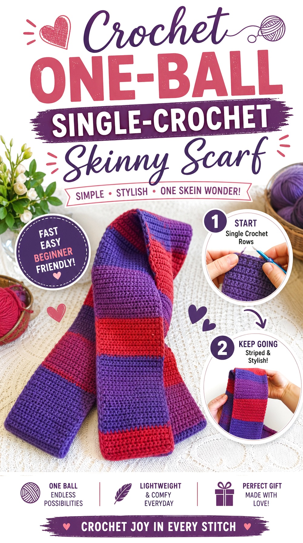 Crochet One Ball Single Crochet Skinny Scarf