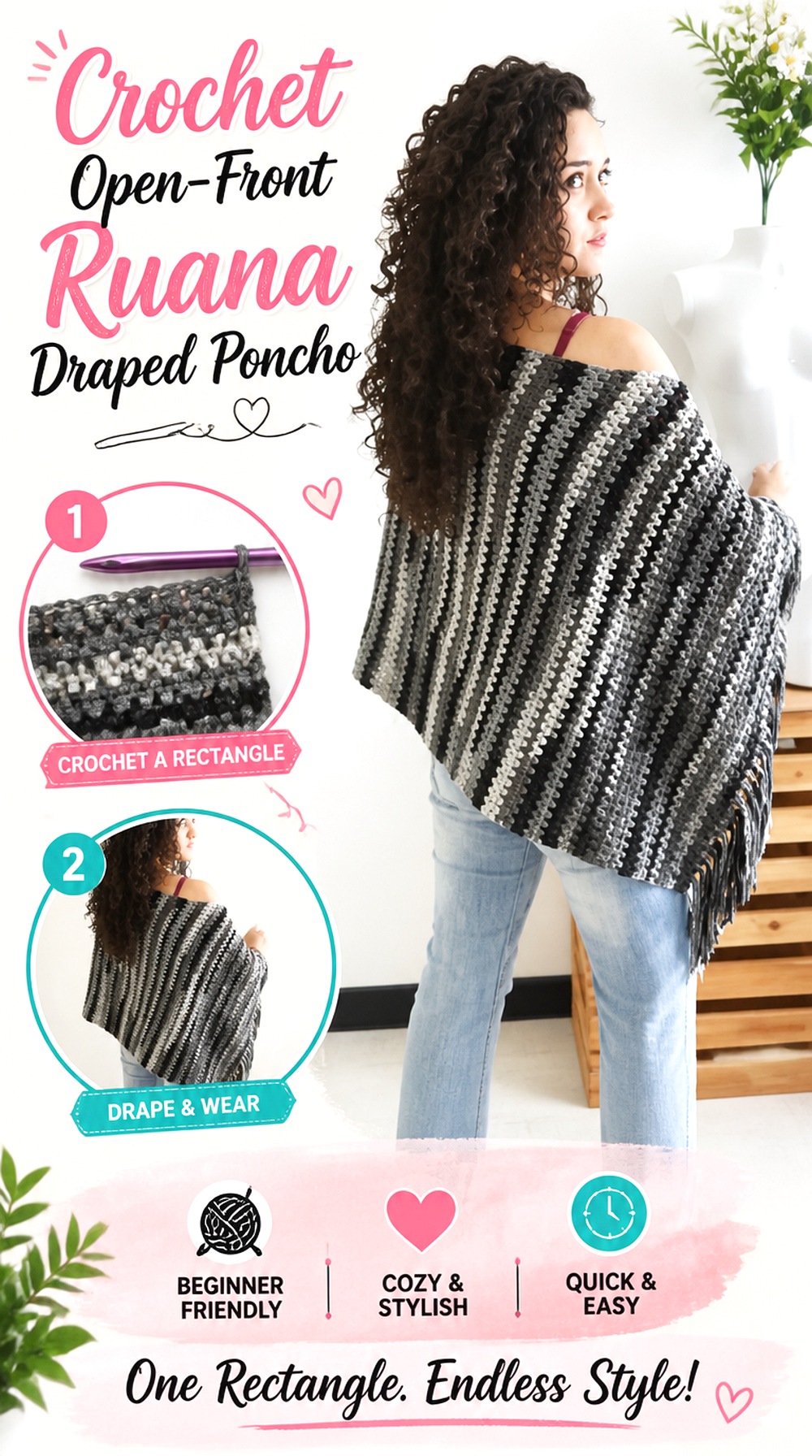 Crochet Open Front Ruana Draped Poncho