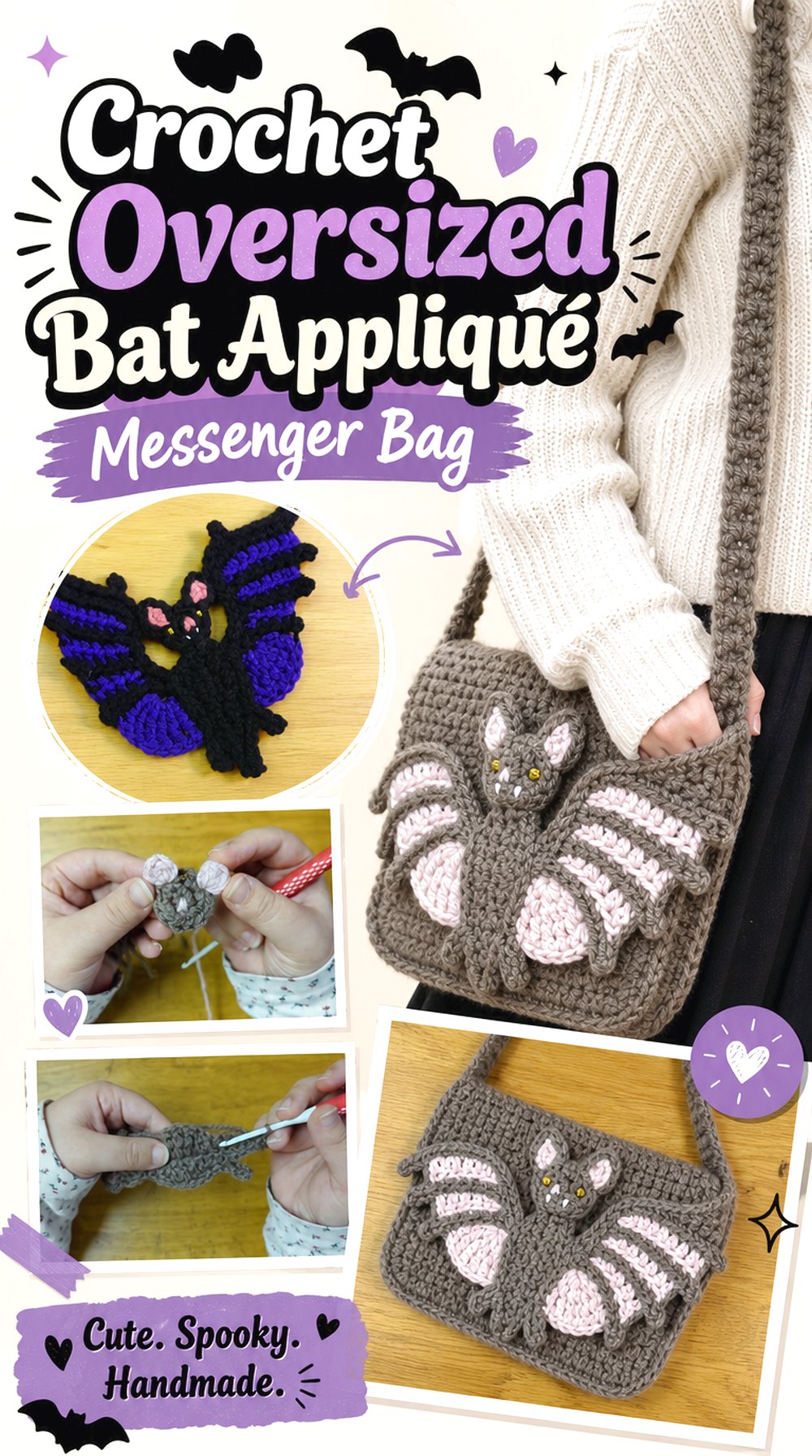Crochet Oversized Bat Appliqué Messenger Bag