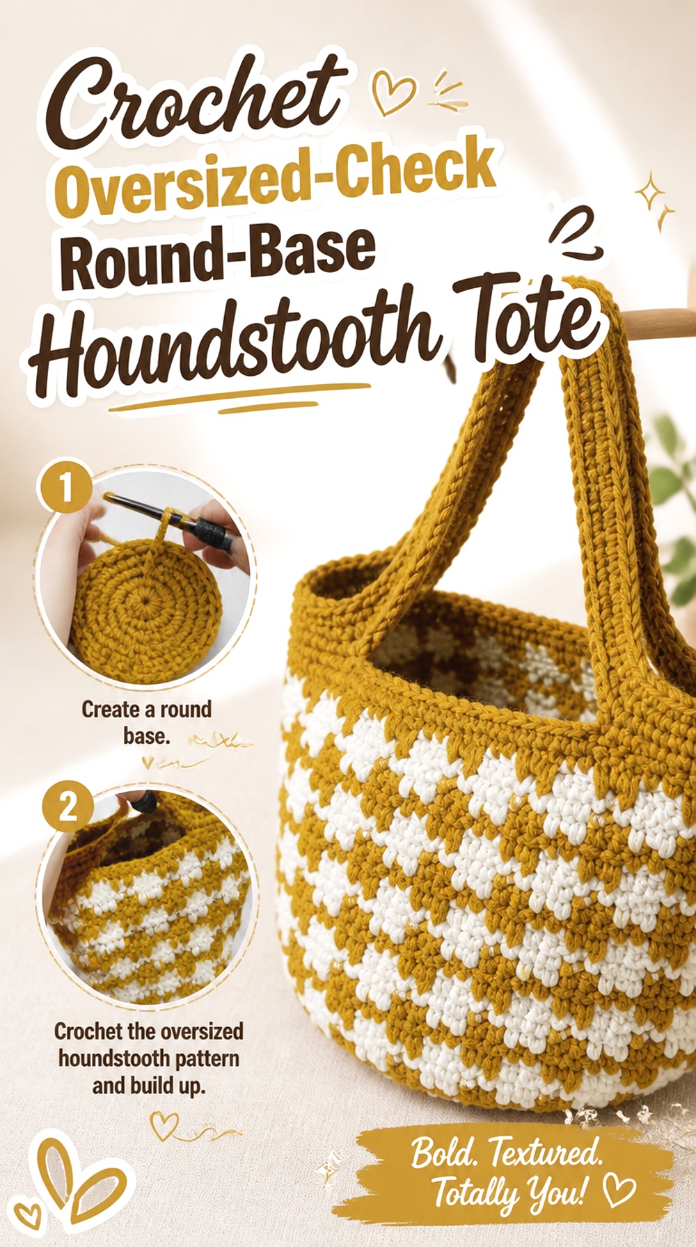 Crochet Oversized Check Round Base Houndstooth Tote