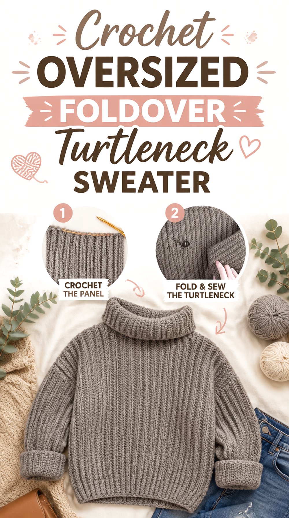 Crochet Oversized Foldover Turtleneck Sweater