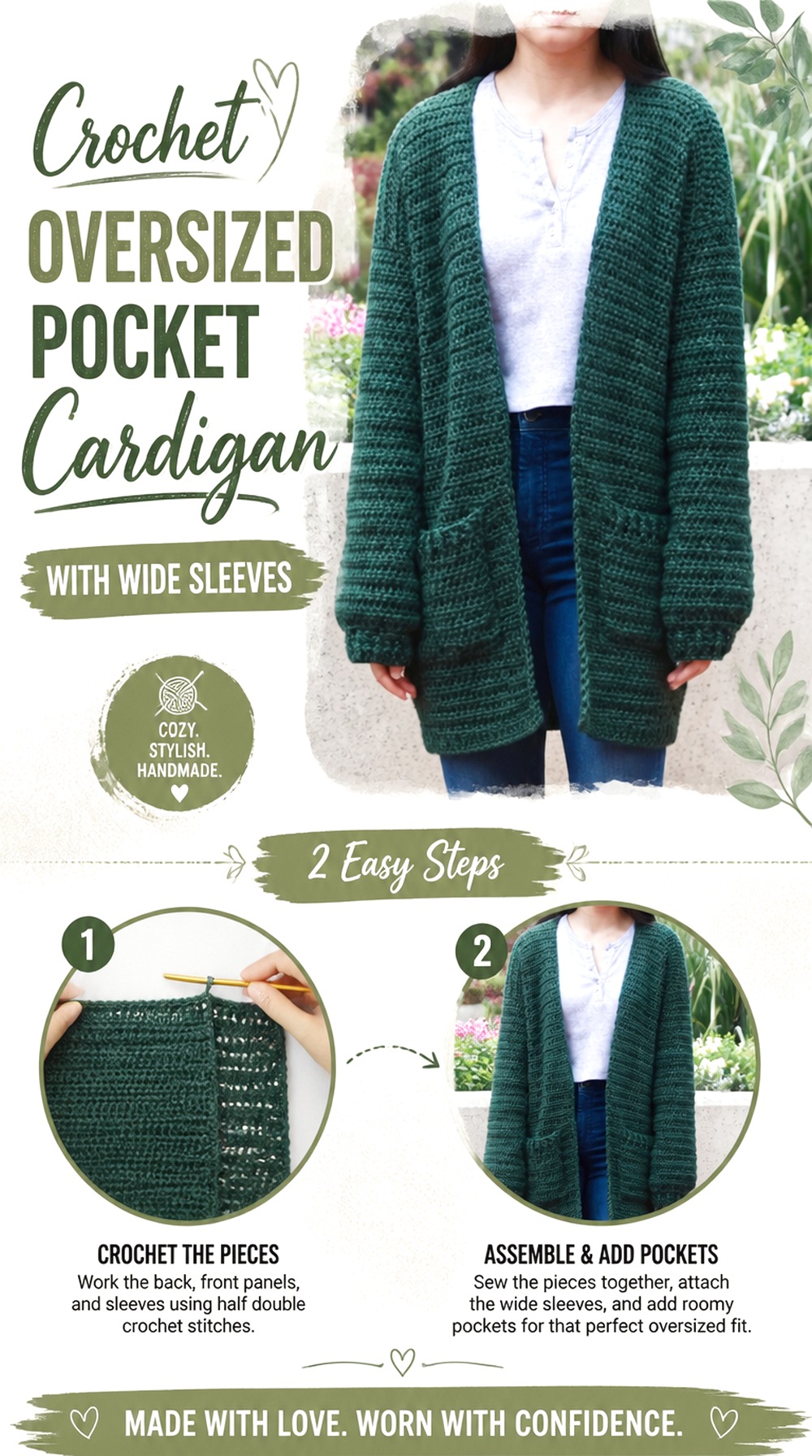 Crochet Oversized Pocket Cardigan with Wide Sleeves