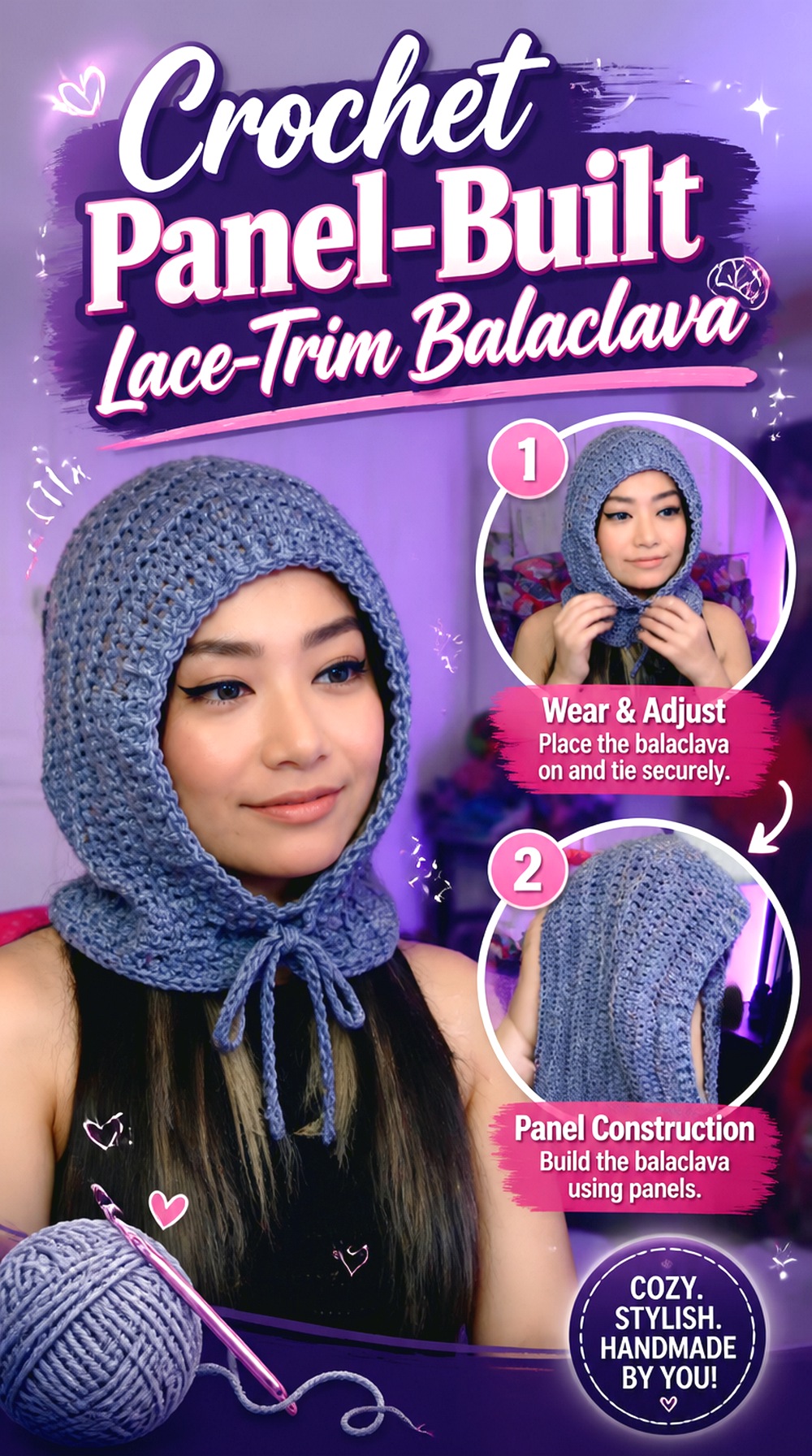 Crochet Panel Built Lace Trim Balaclava