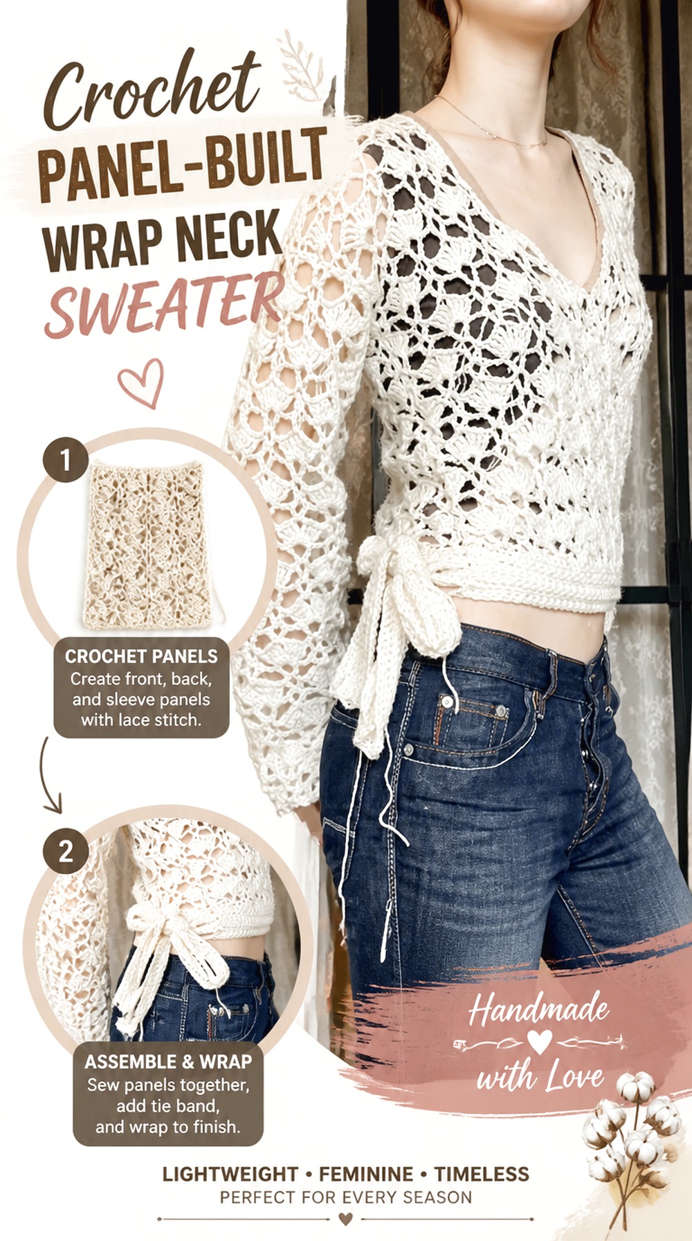 Crochet Panel Built Wrap Neck Sweater