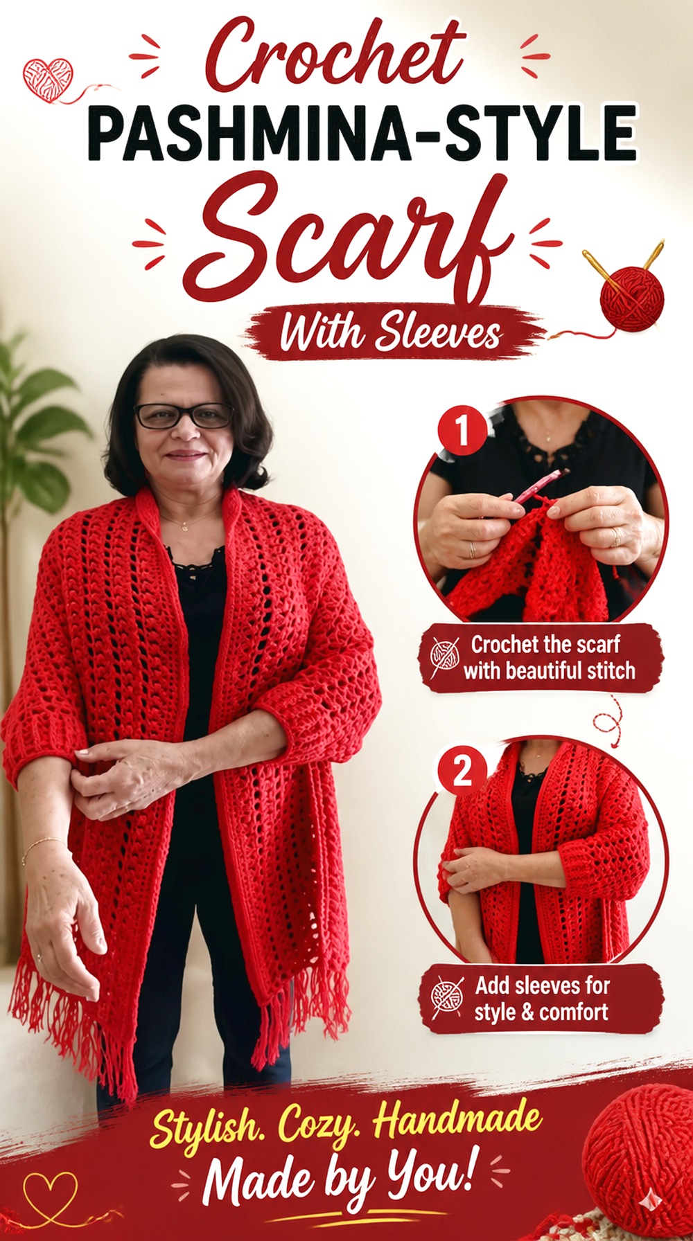 Crochet Pashmina Style Scarf With Sleeves