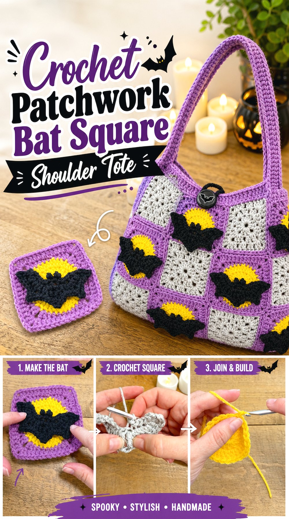 Crochet Patchwork Bat Square Shoulder Tote