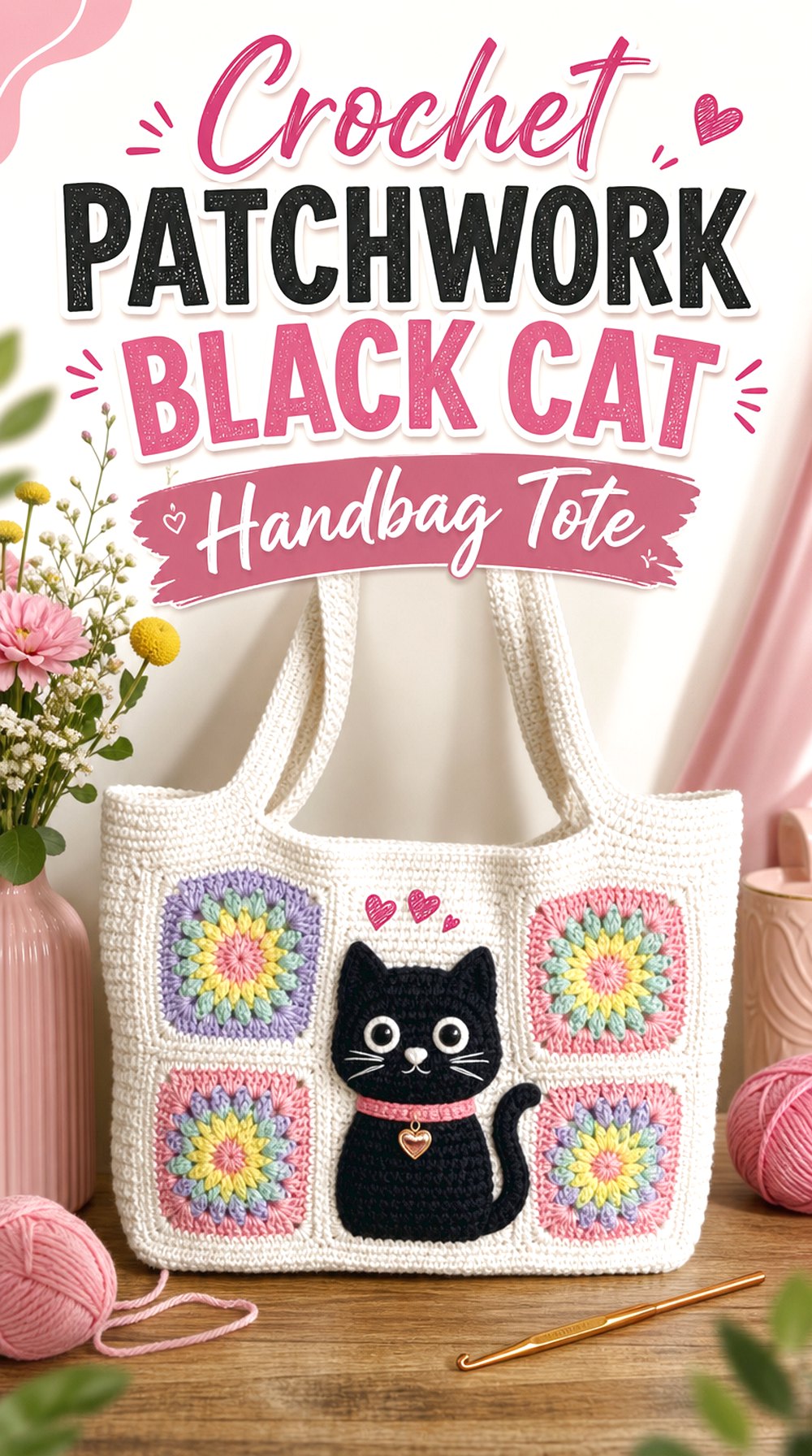 Crochet Patchwork Black Cat Handbag Tote