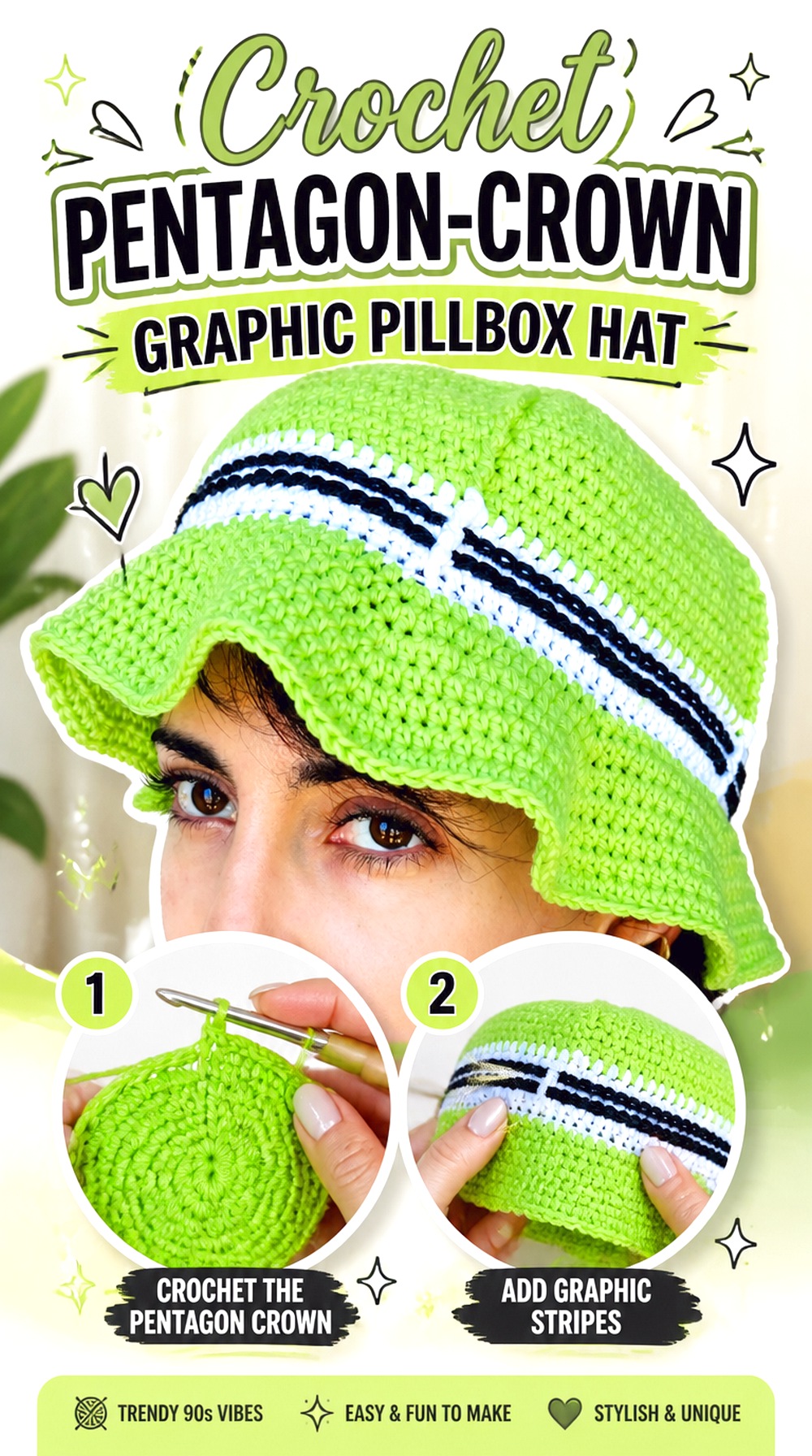 Crochet Pentagon Crown Graphic Pillbox Hat