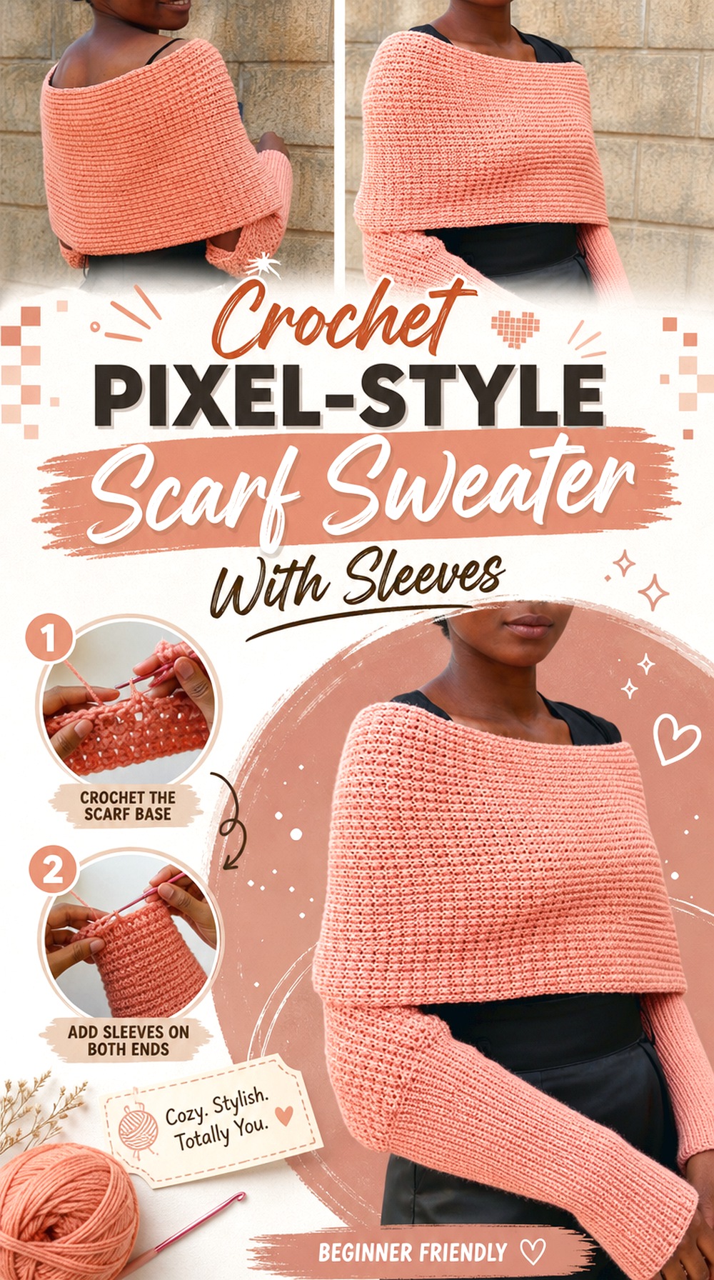 Crochet Pixel Style Scarf Sweater With Sleeves