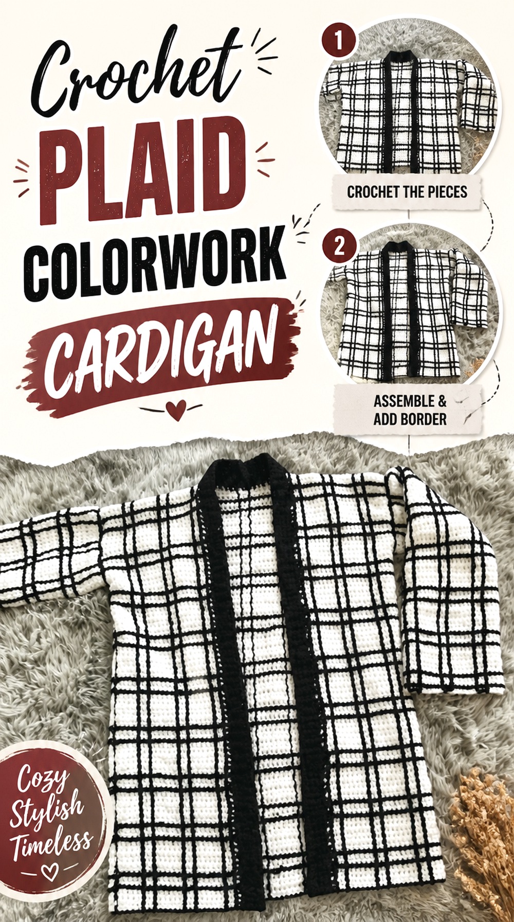 Crochet Plaid Colorwork Cardigan