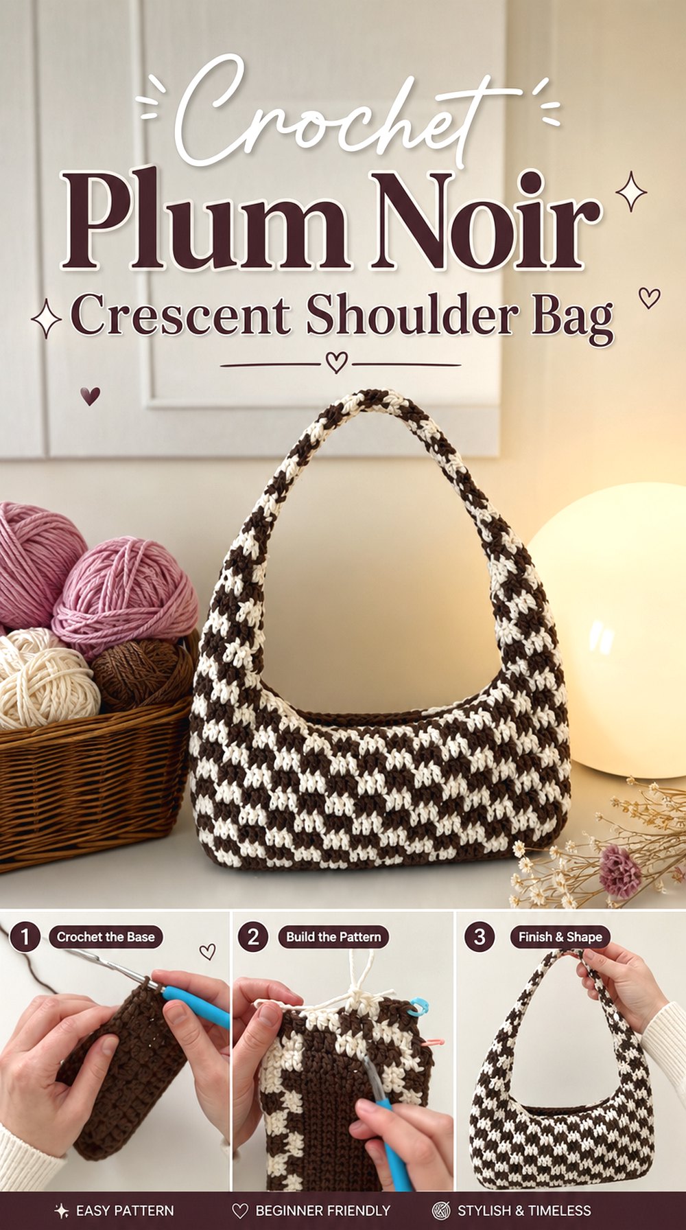 Crochet Plum Noir Crescent Shoulder Bag