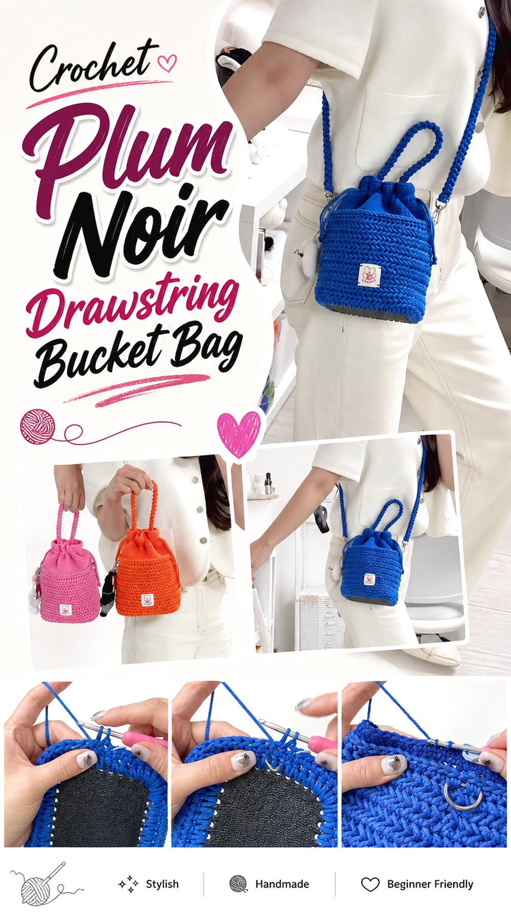 Crochet Plum Noir Drawstring Bucket Bag