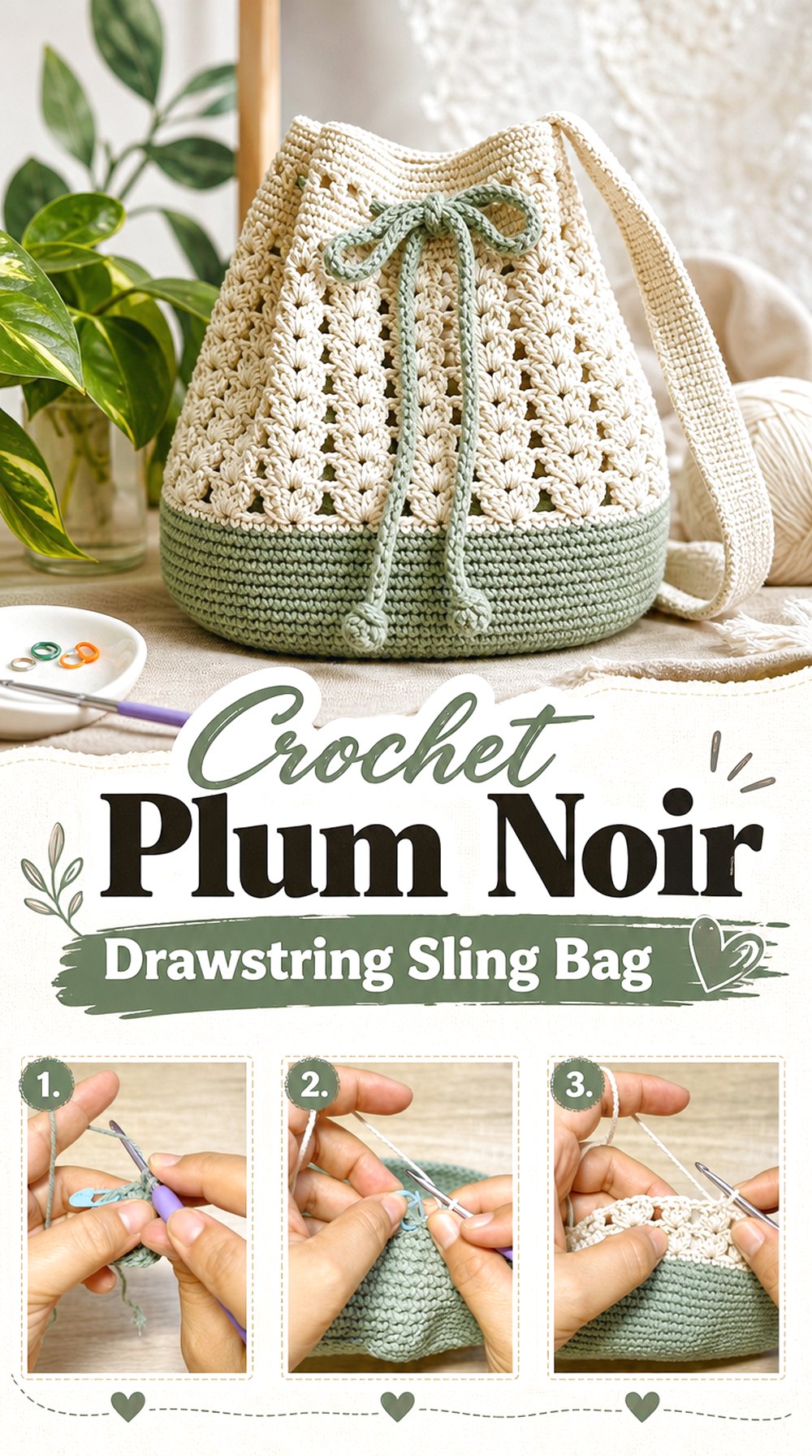 Crochet Plum Noir Drawstring Sling Bag