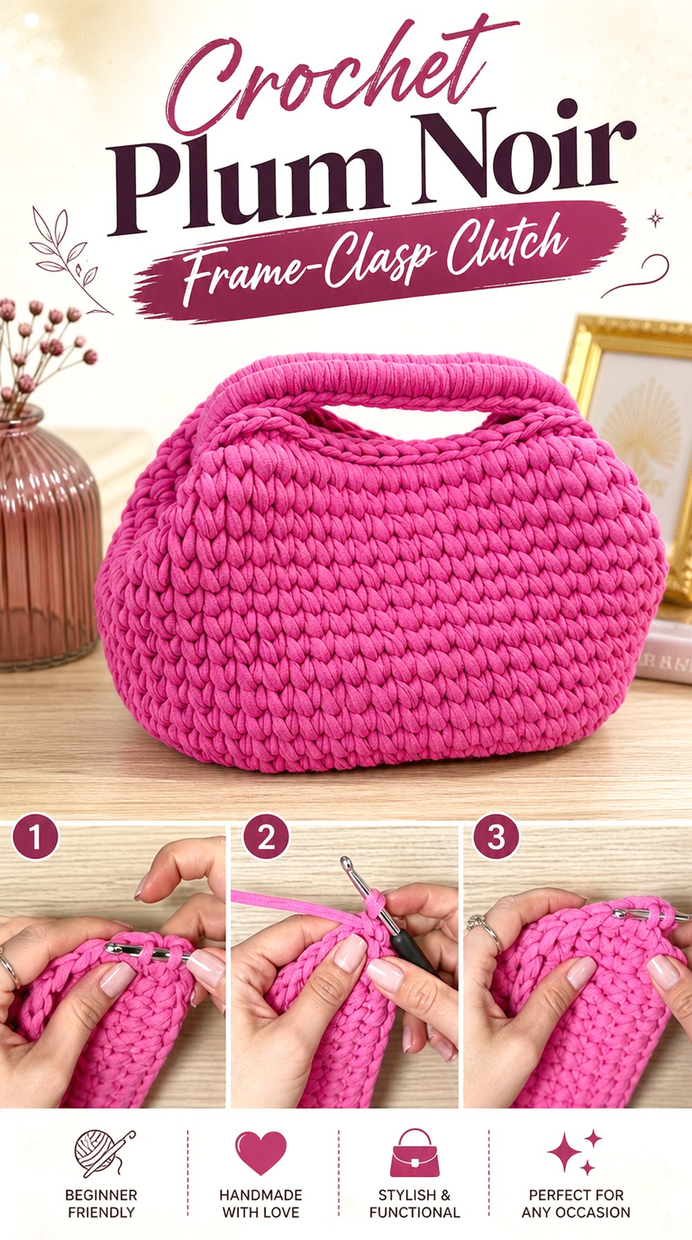 Crochet Plum Noir Frame-Clasp Clutch
