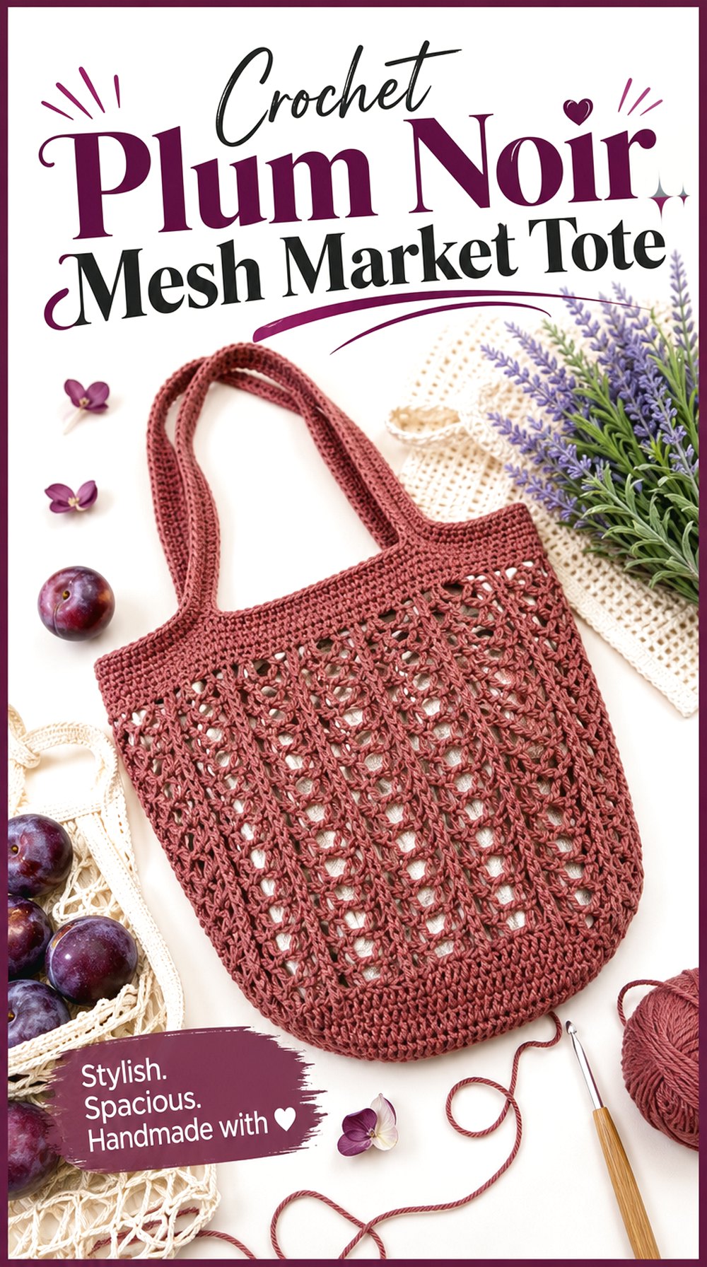Crochet Plum Noir Mesh Market Tote
