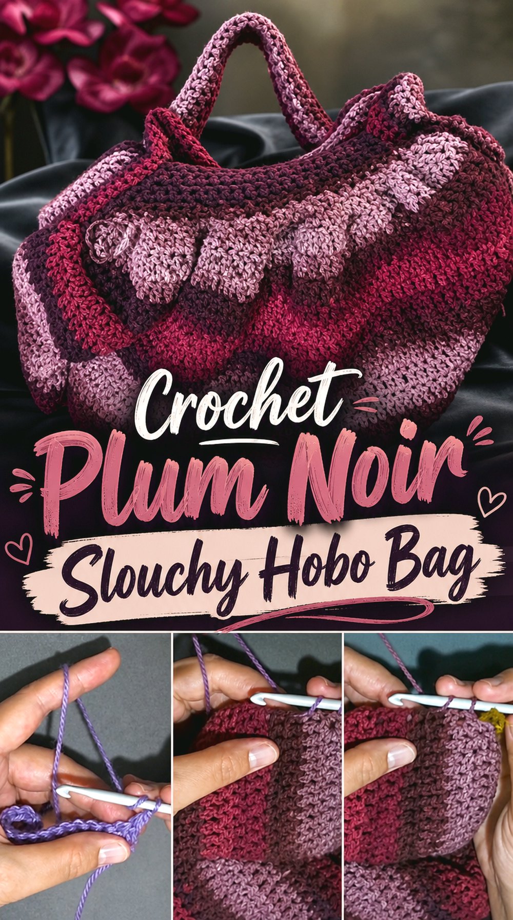 Crochet Plum Noir Slouchy Hobo Bag