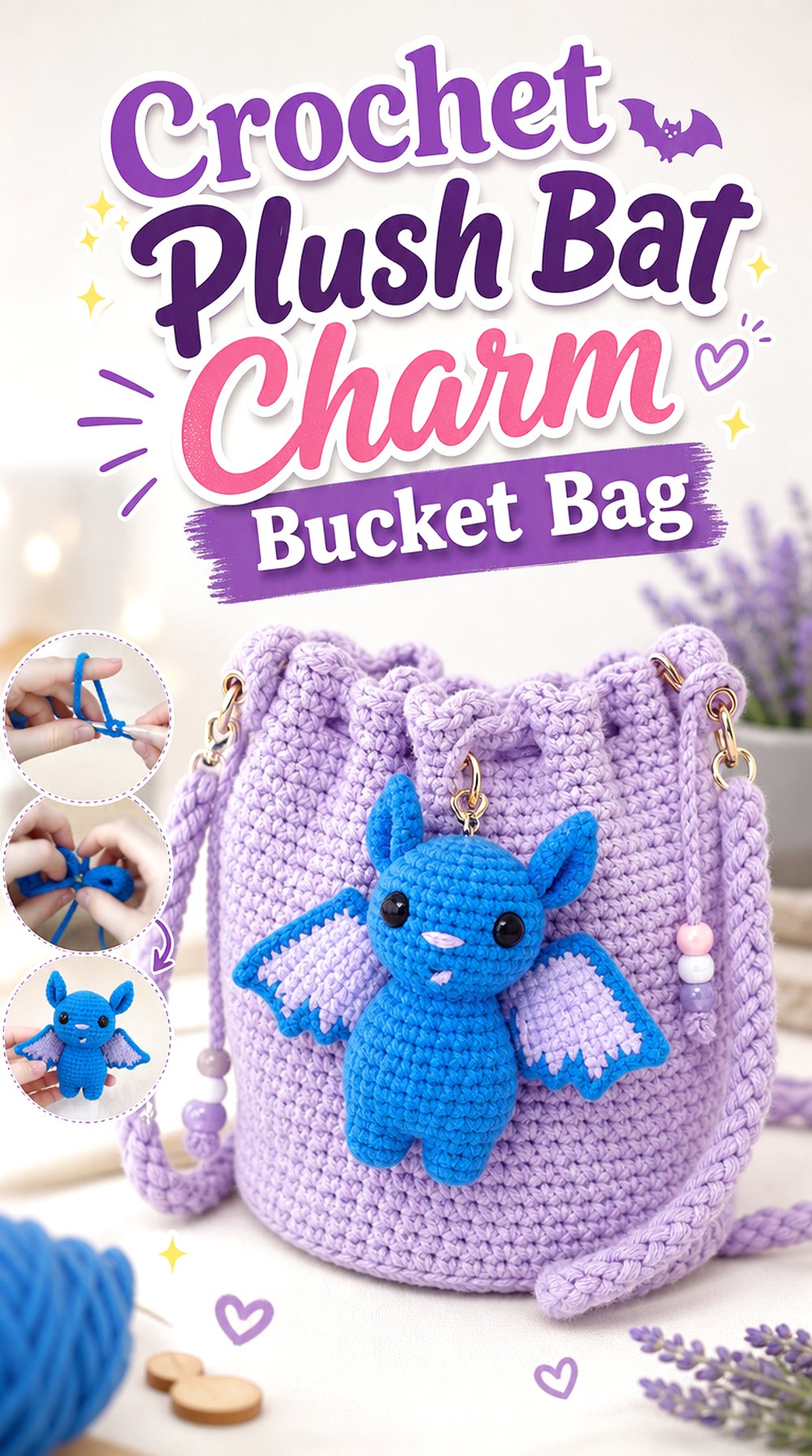 Crochet Plush Bat Charm Bucket Bag