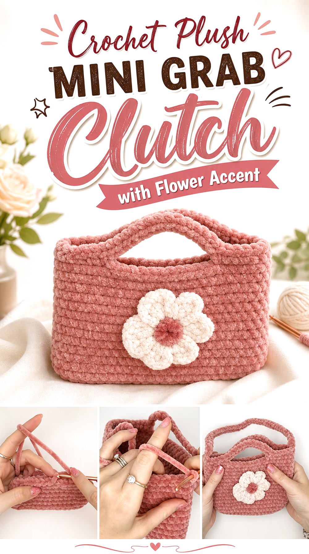 Crochet Plush Mini Grab Clutch with Flower Accent