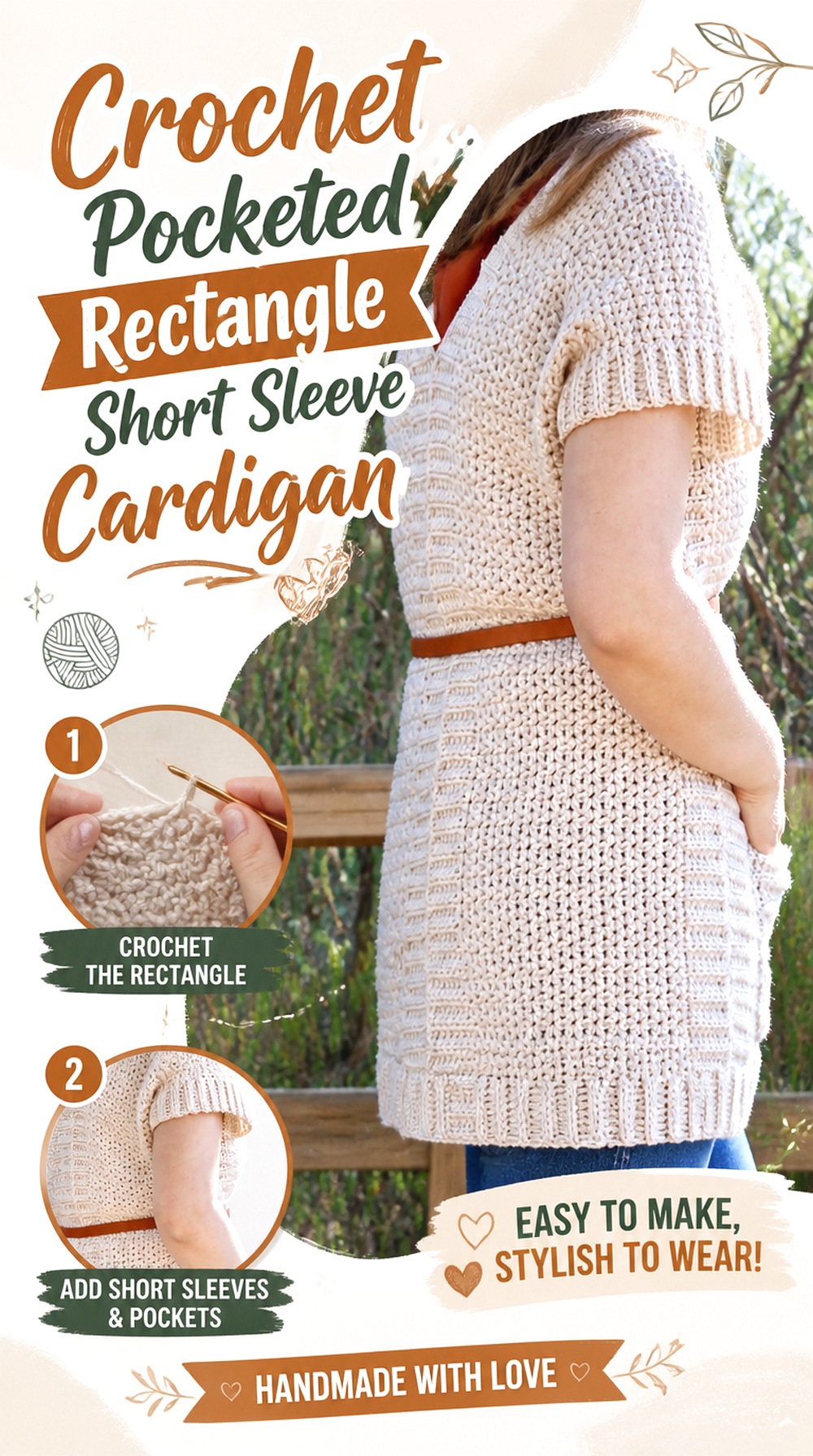 Crochet Pocketed Rectangle Short Sleeve Cardigan