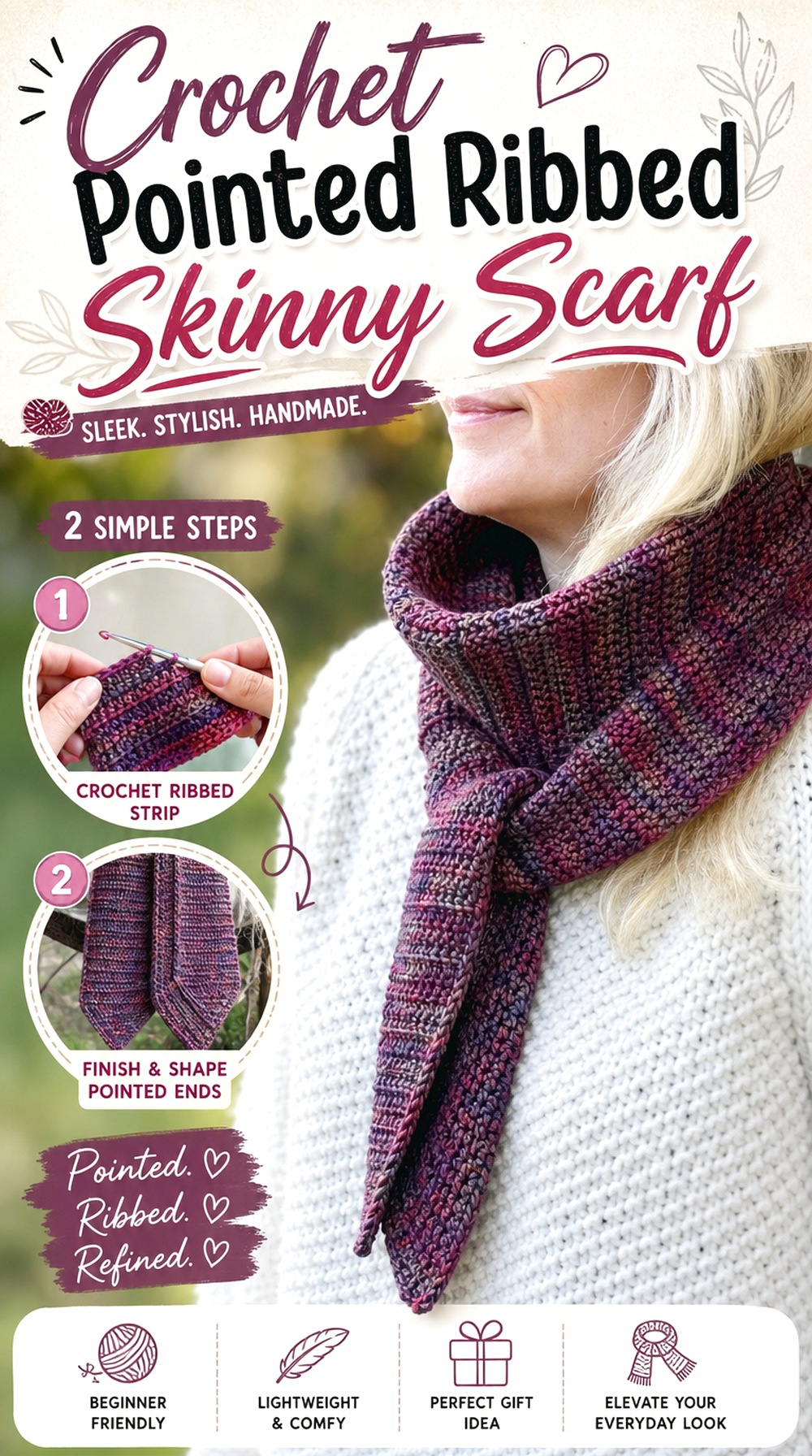 Crochet Pointed Ribbed Skinny Scarf