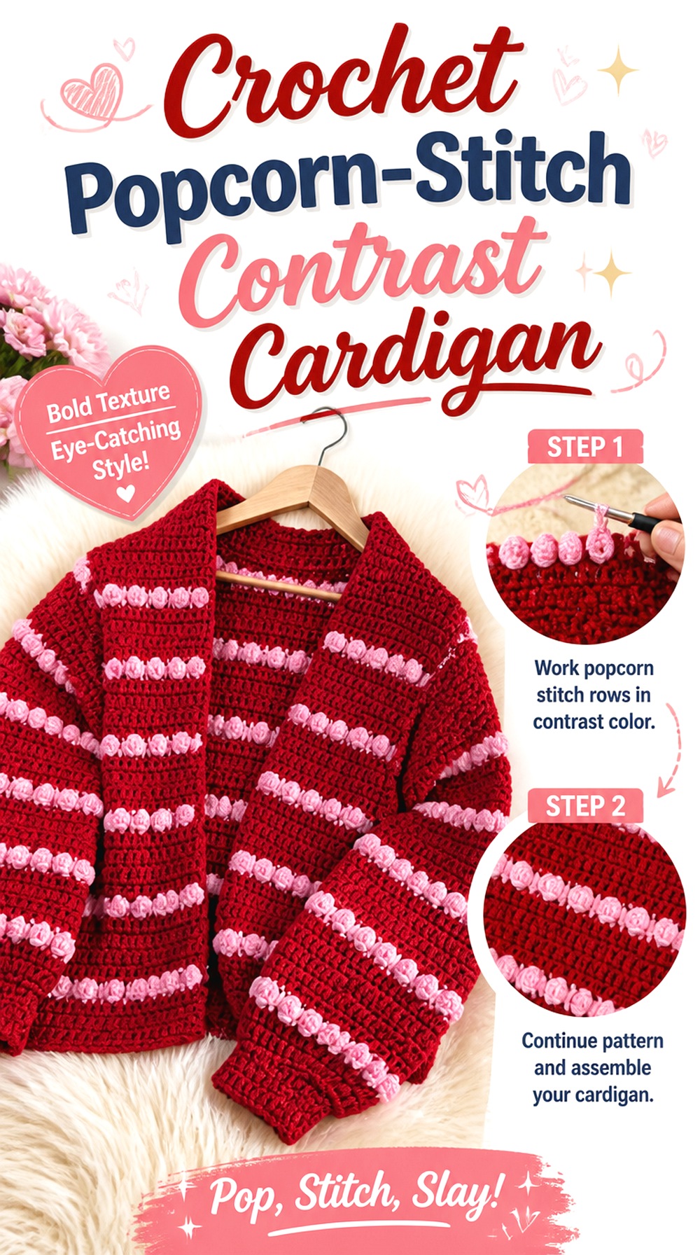 Crochet Popcorn Stitch Contrast Cardigan