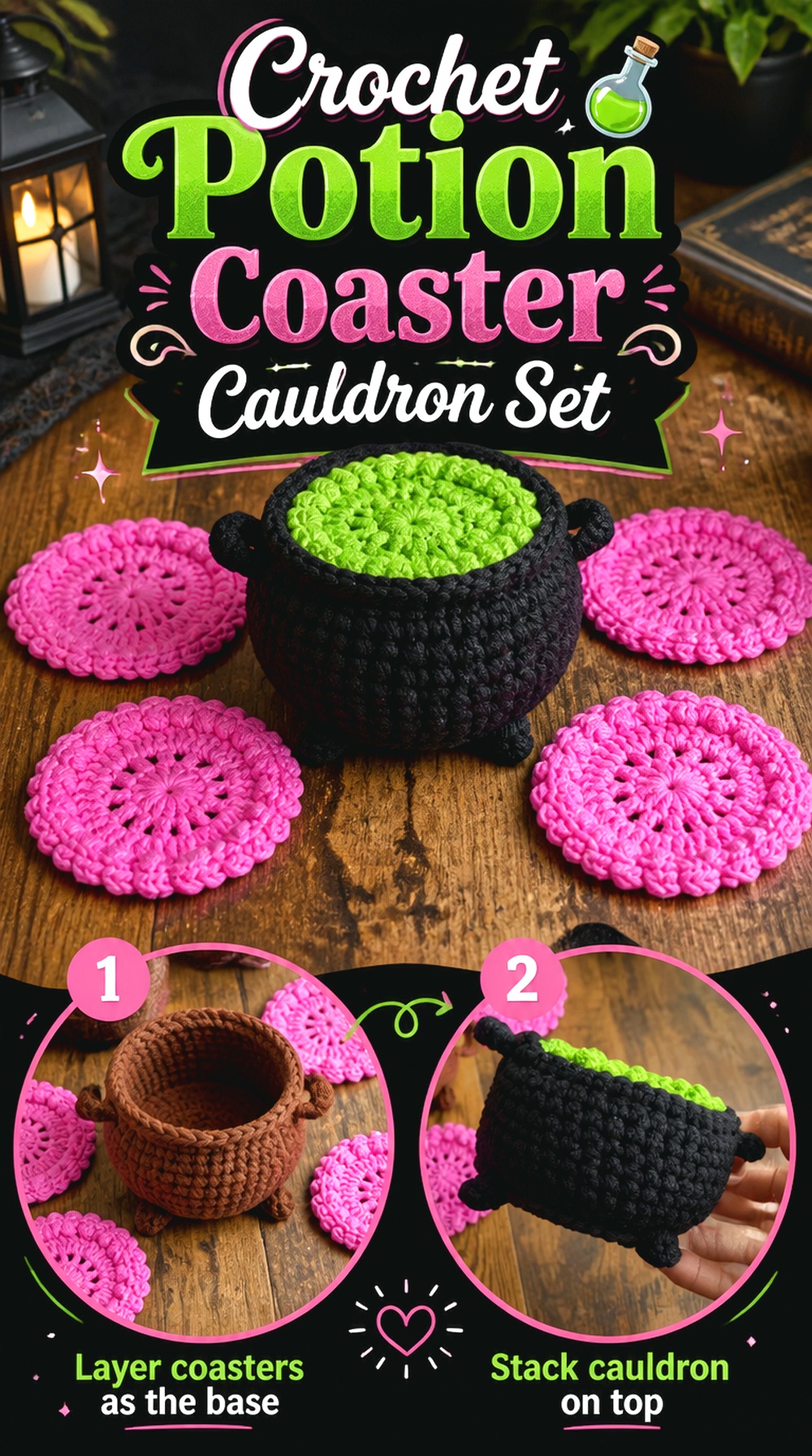 Crochet Potion Coaster Cauldron Set