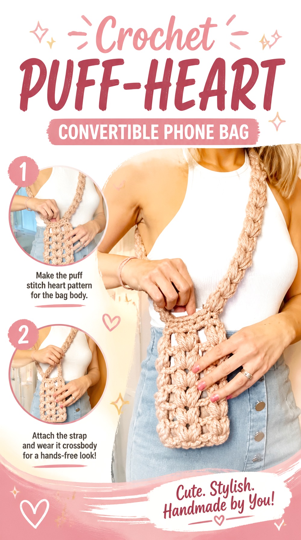 Crochet Puff Heart Convertible Phone Bag
