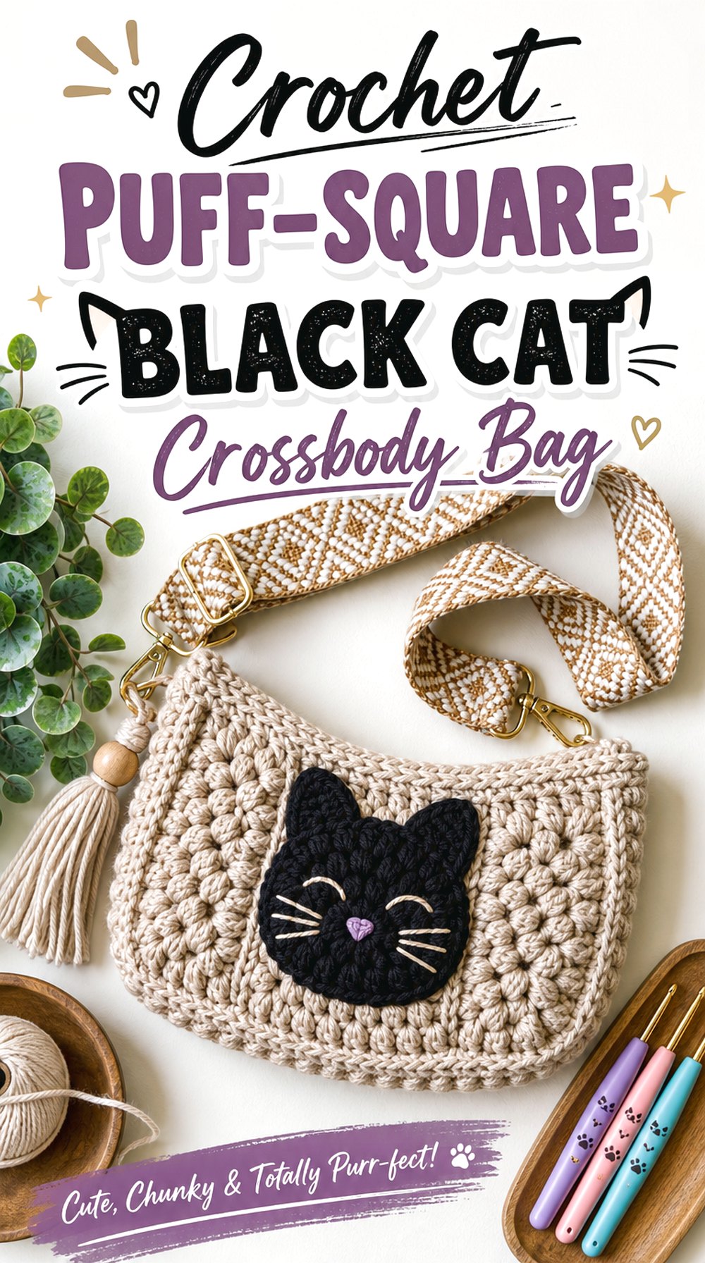 Crochet Puff-Square Black Cat Crossbody Bag
