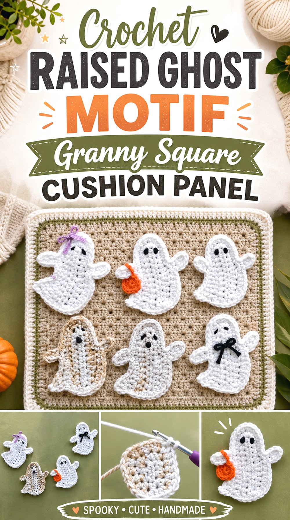 Crochet Raised Ghost Motif Granny Square Cushion Panel