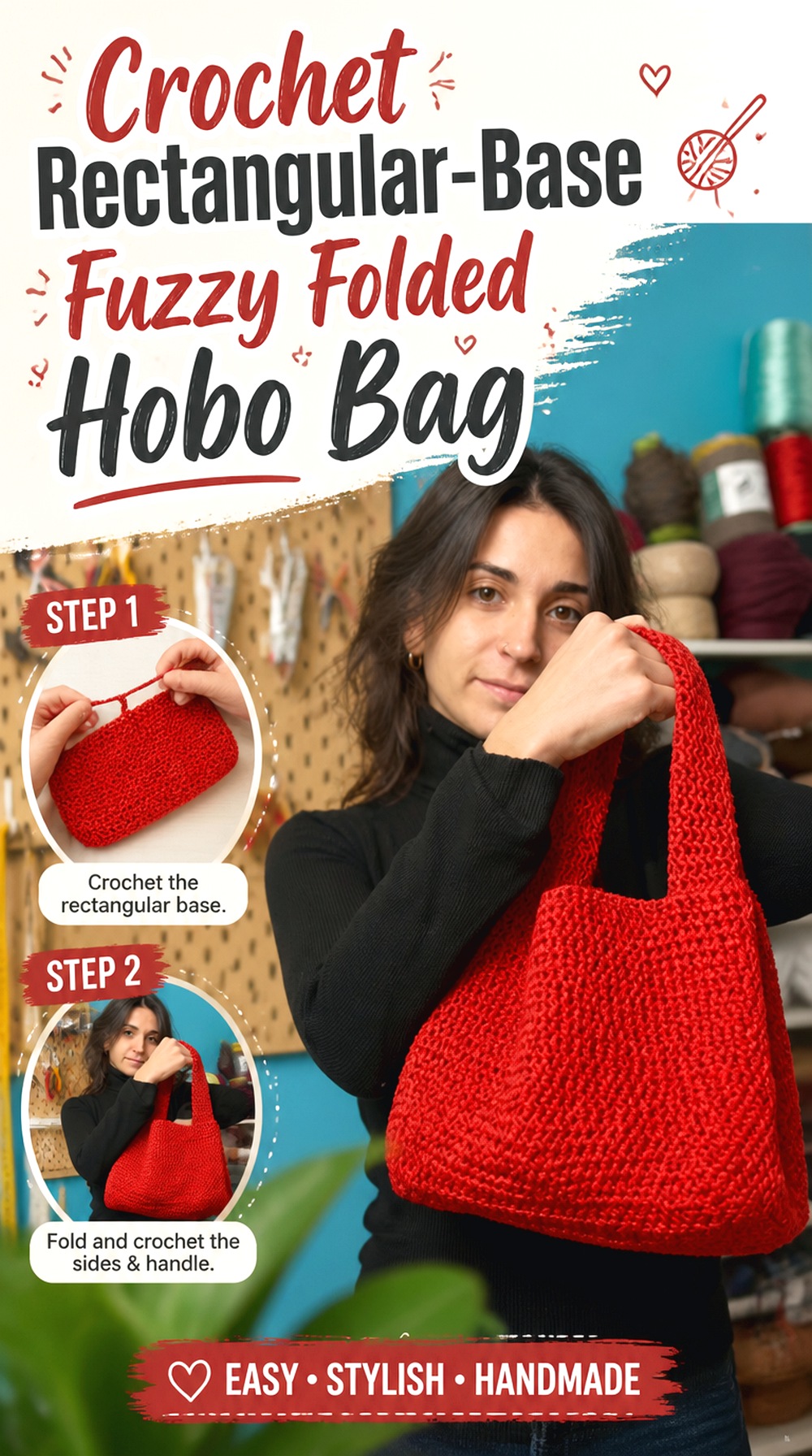 Crochet Rectangular Base Fuzzy Folded Hobo Bag