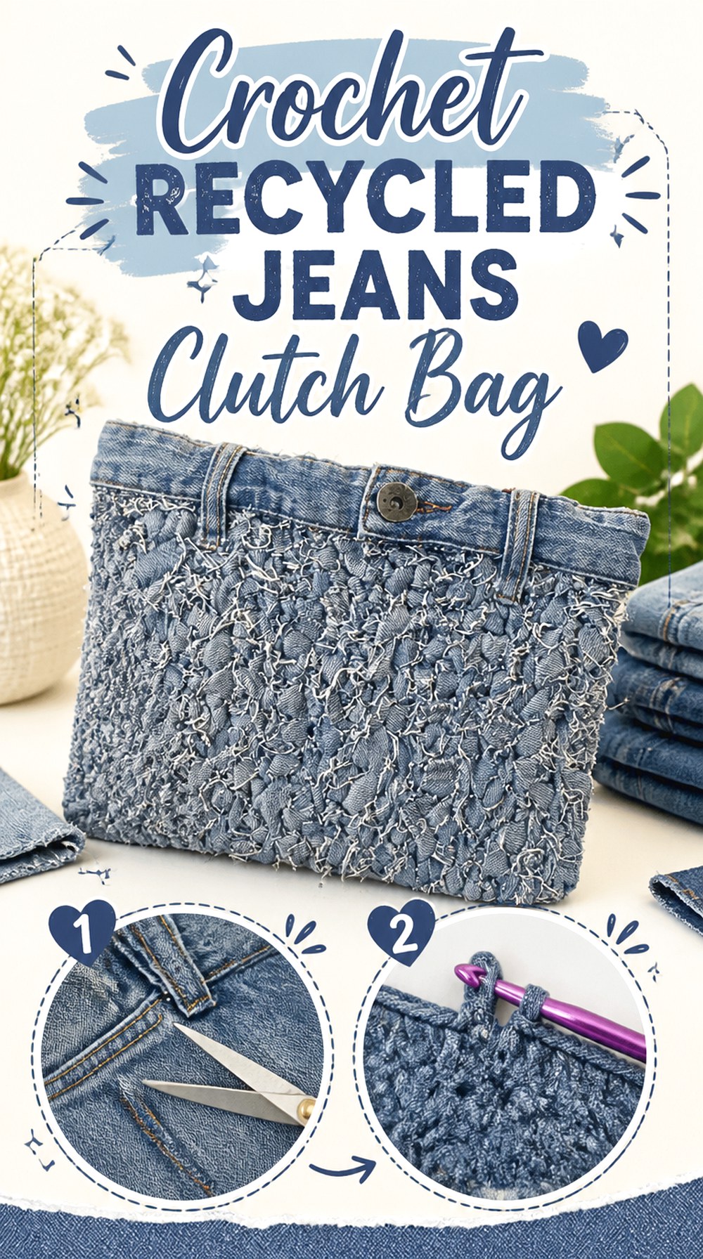 Crochet Recycled Jeans Clutch Bag