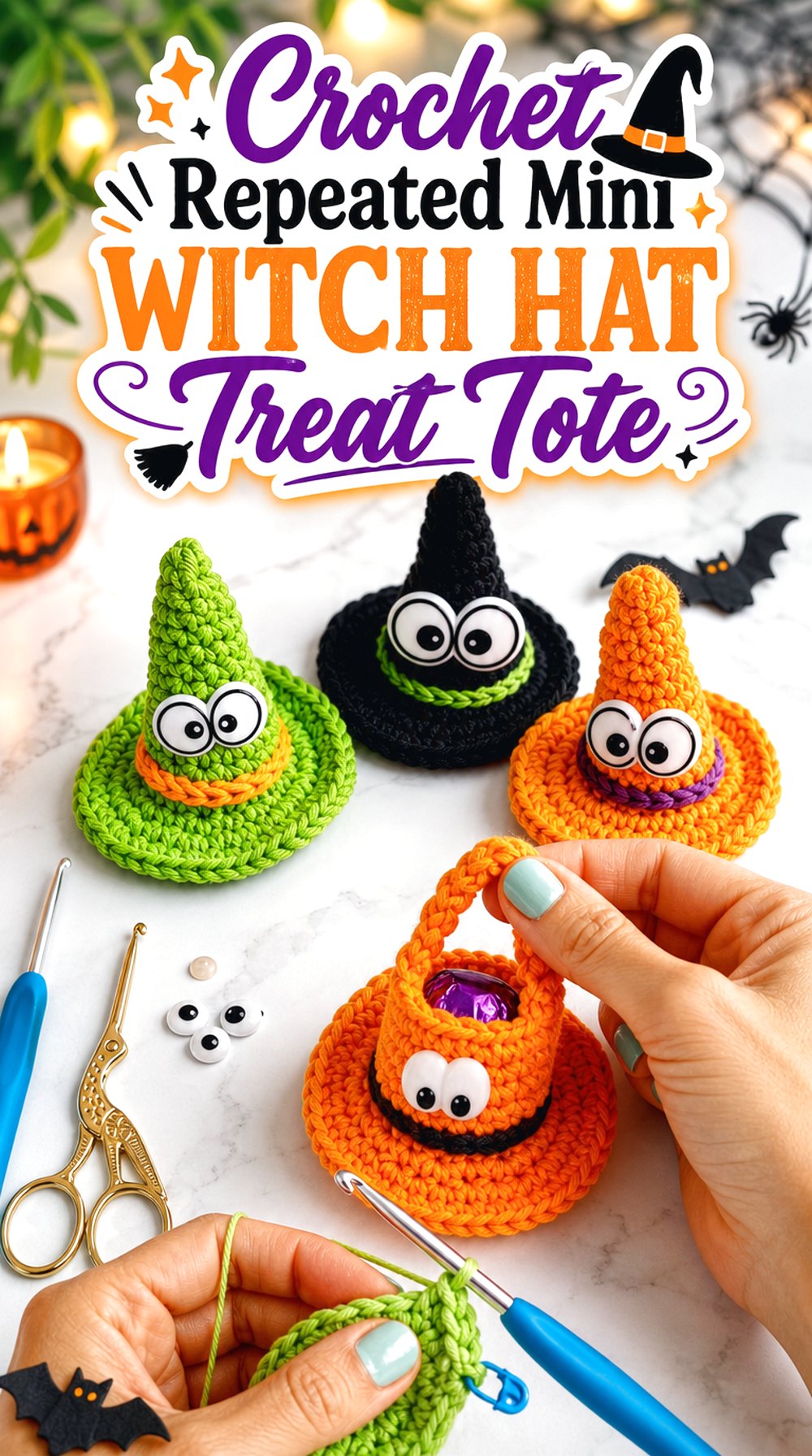 Crochet Repeated Mini Witch Hat Treat Tote
