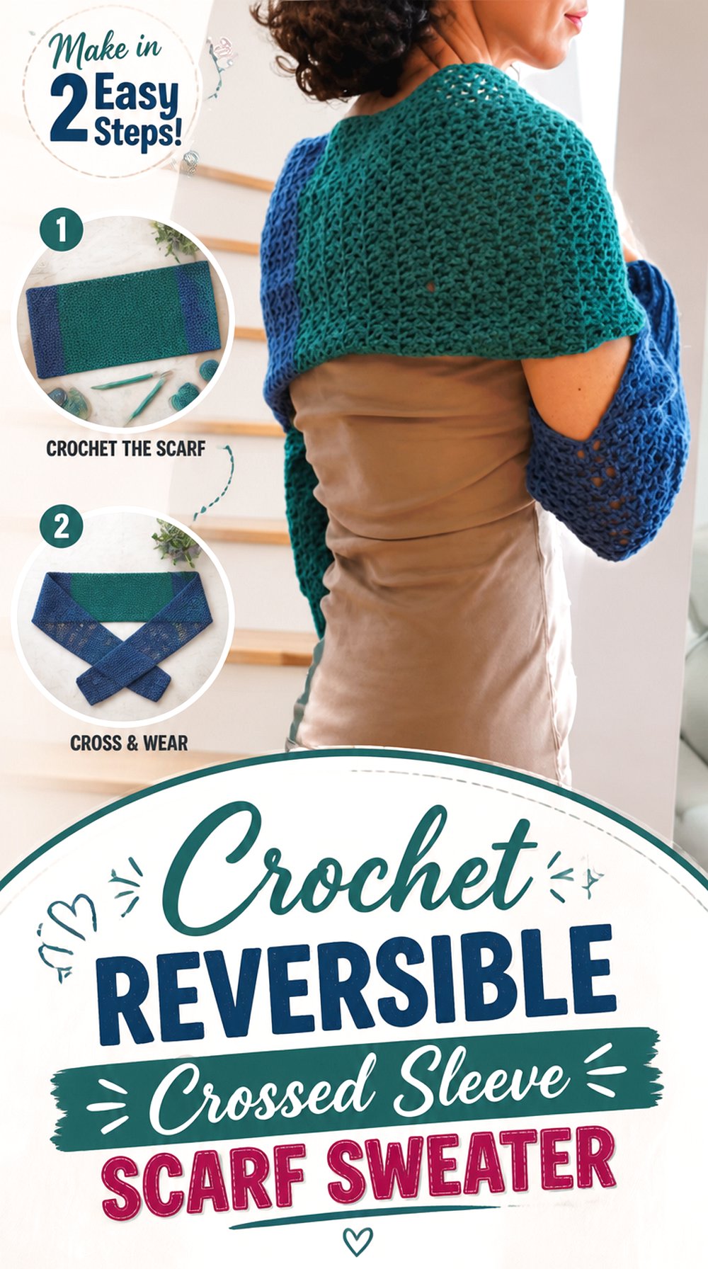 Crochet Reversible Crossed Sleeve Scarf Sweater