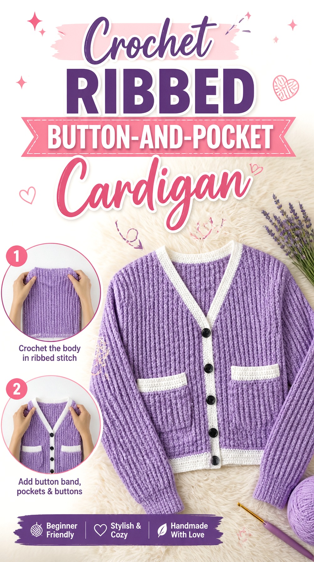 Crochet Ribbed Button and Pocket Cardigan