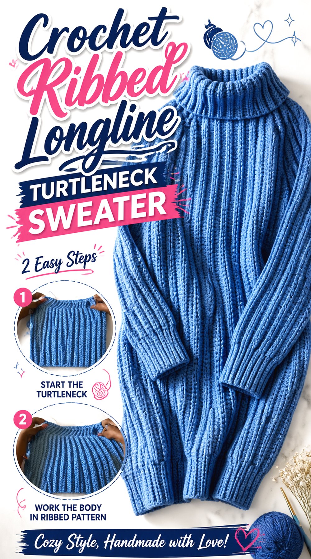Crochet Ribbed Longline Turtleneck Sweater