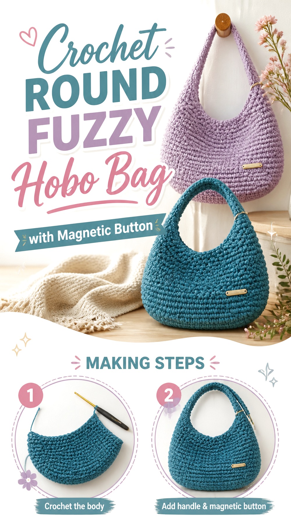Crochet Round Fuzzy Hobo Bag with Magnetic Button