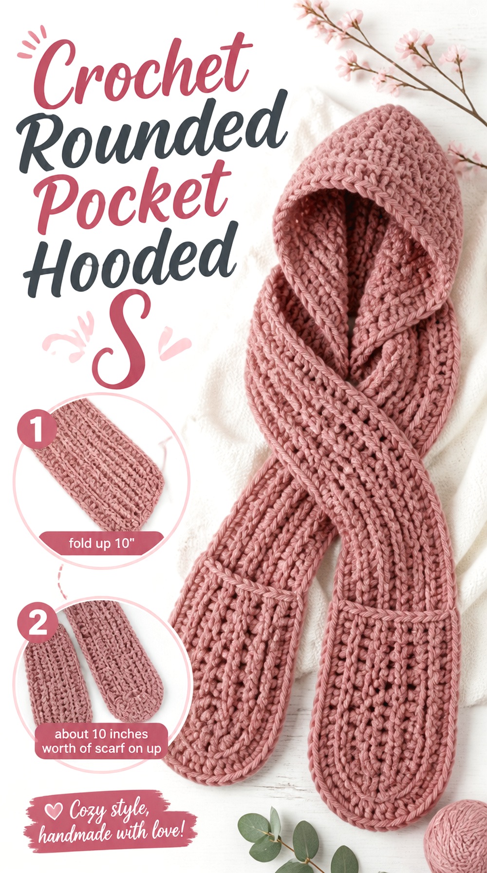 Crochet Rounded Pocket Hooded Scarf