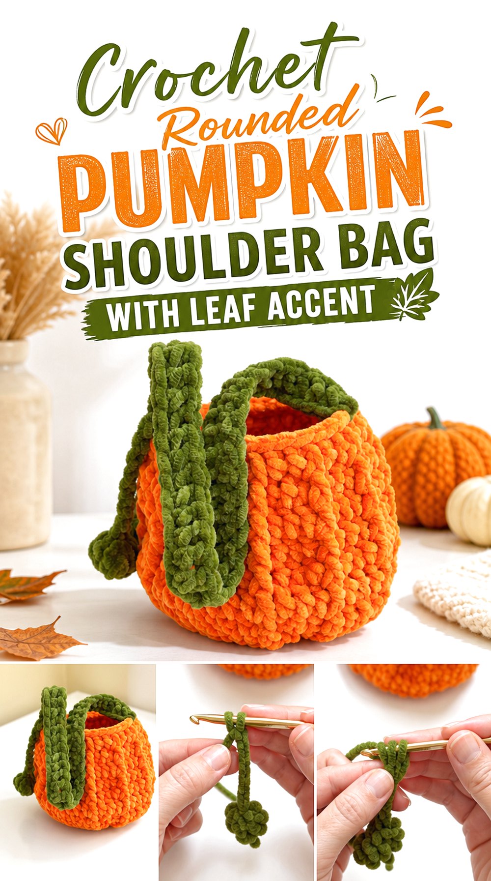 Crochet Rounded Pumpkin Shoulder Bag with Leaf Accent