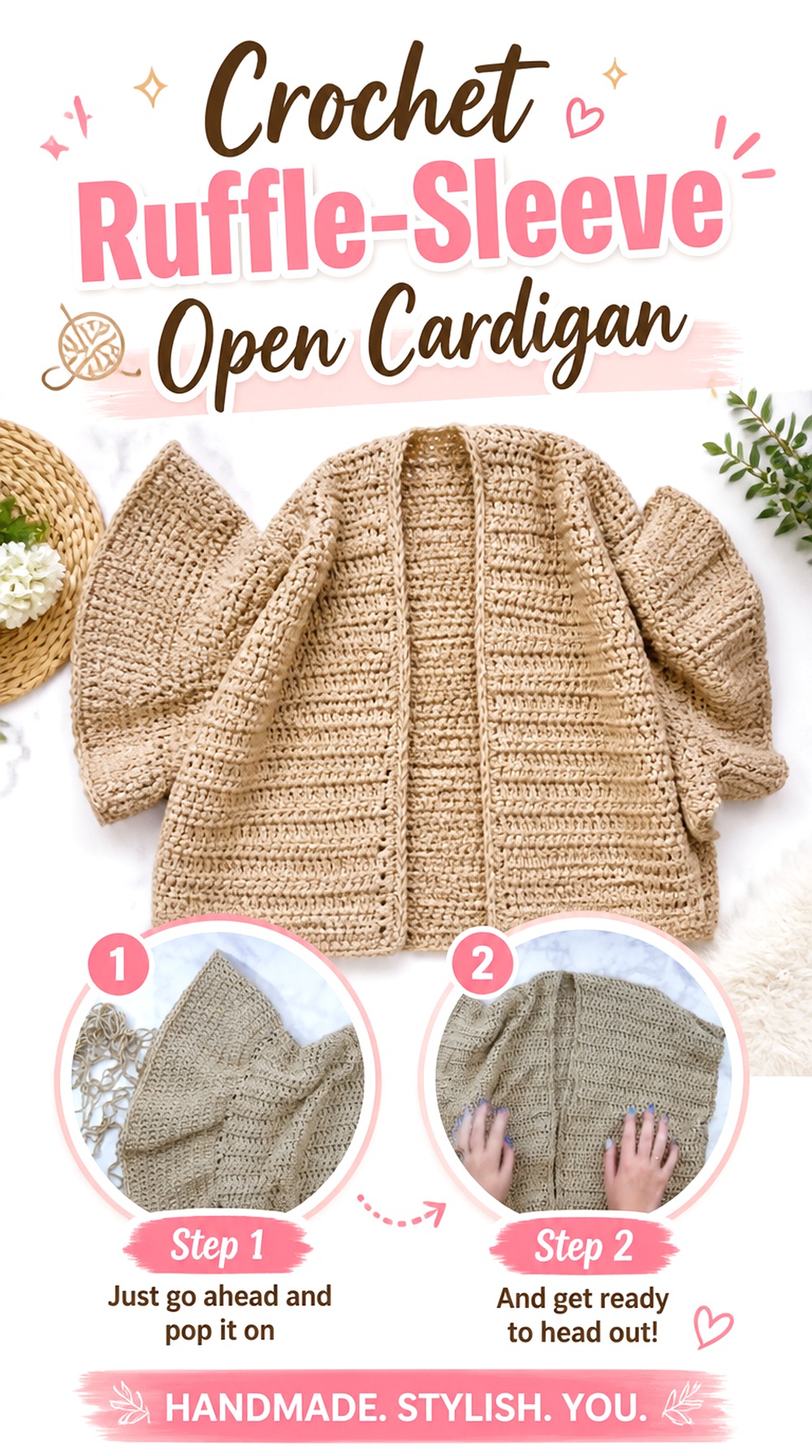 Crochet Ruffle Sleeve Open Cardigan