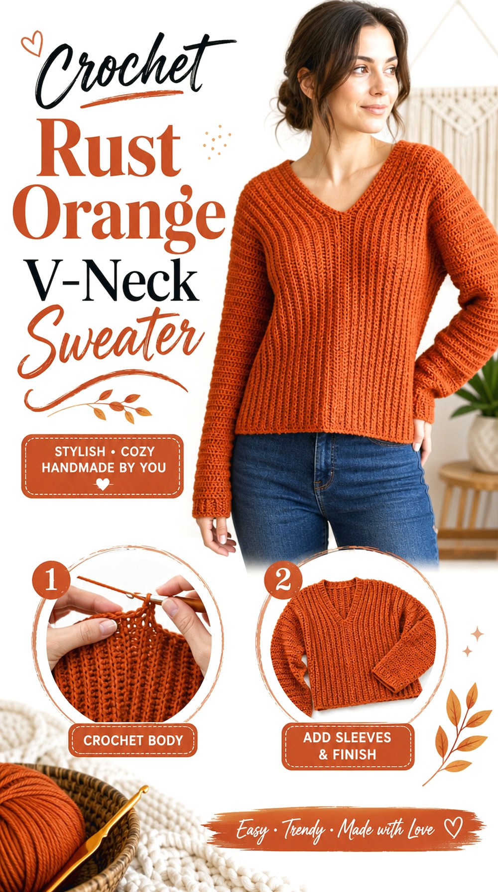 Crochet Rust Orange V Neck Sweater