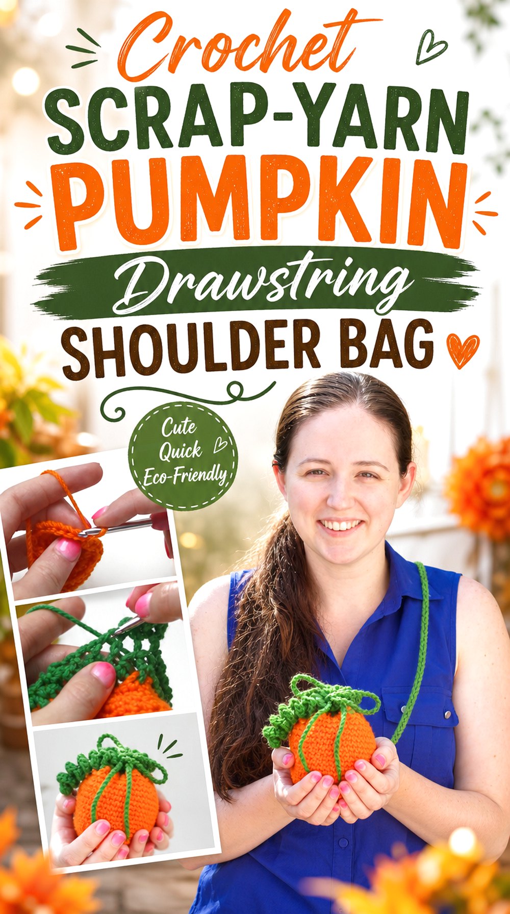 Crochet Scrap-Yarn Pumpkin Drawstring Shoulder Bag