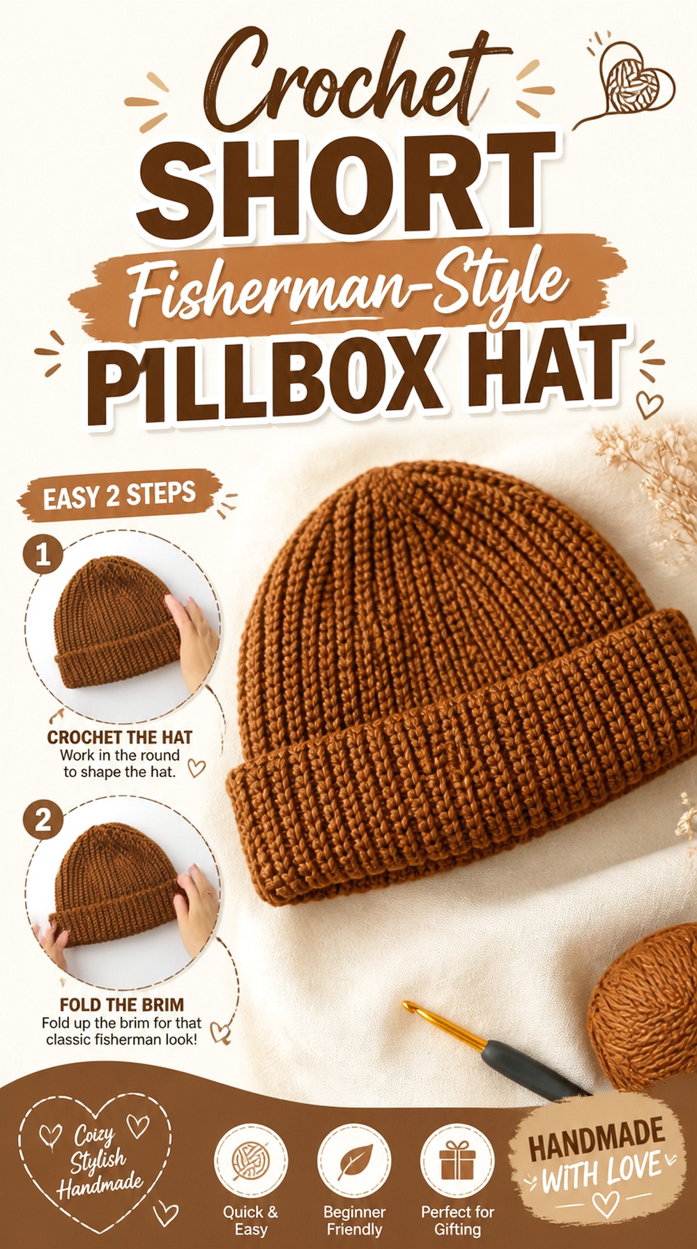 Crochet Short Fisherman Style Pillbox Hat