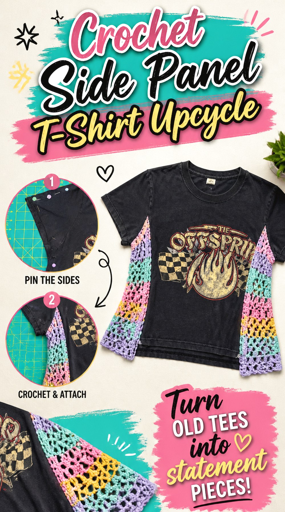 Crochet Side Panel T Shirt Upcycle