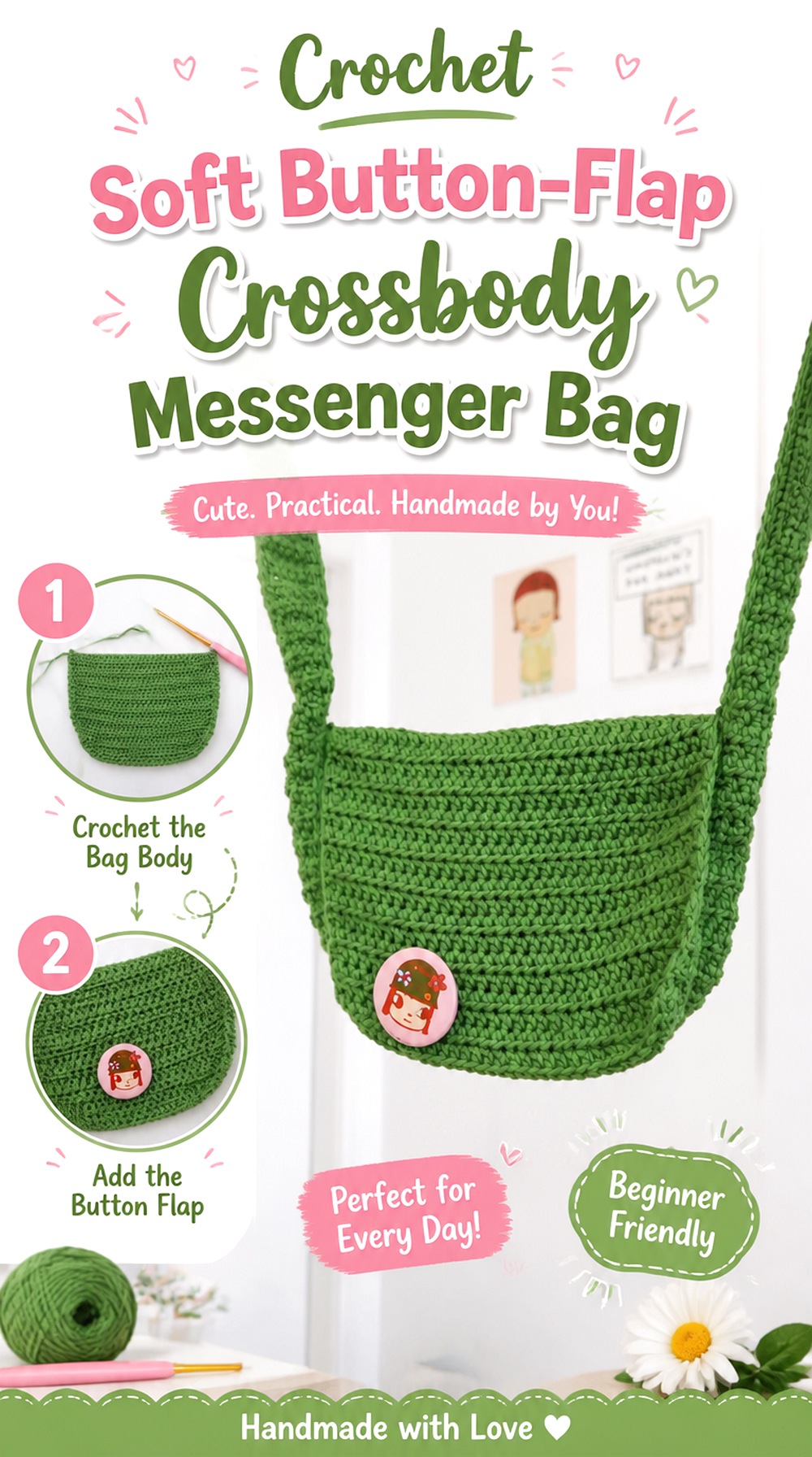 Crochet Soft Button Flap Crossbody Messenger Bag