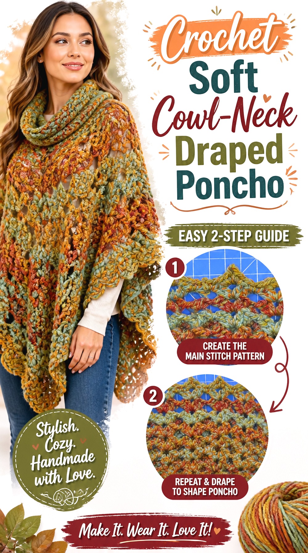 Crochet Soft Cowl Neck Draped Poncho