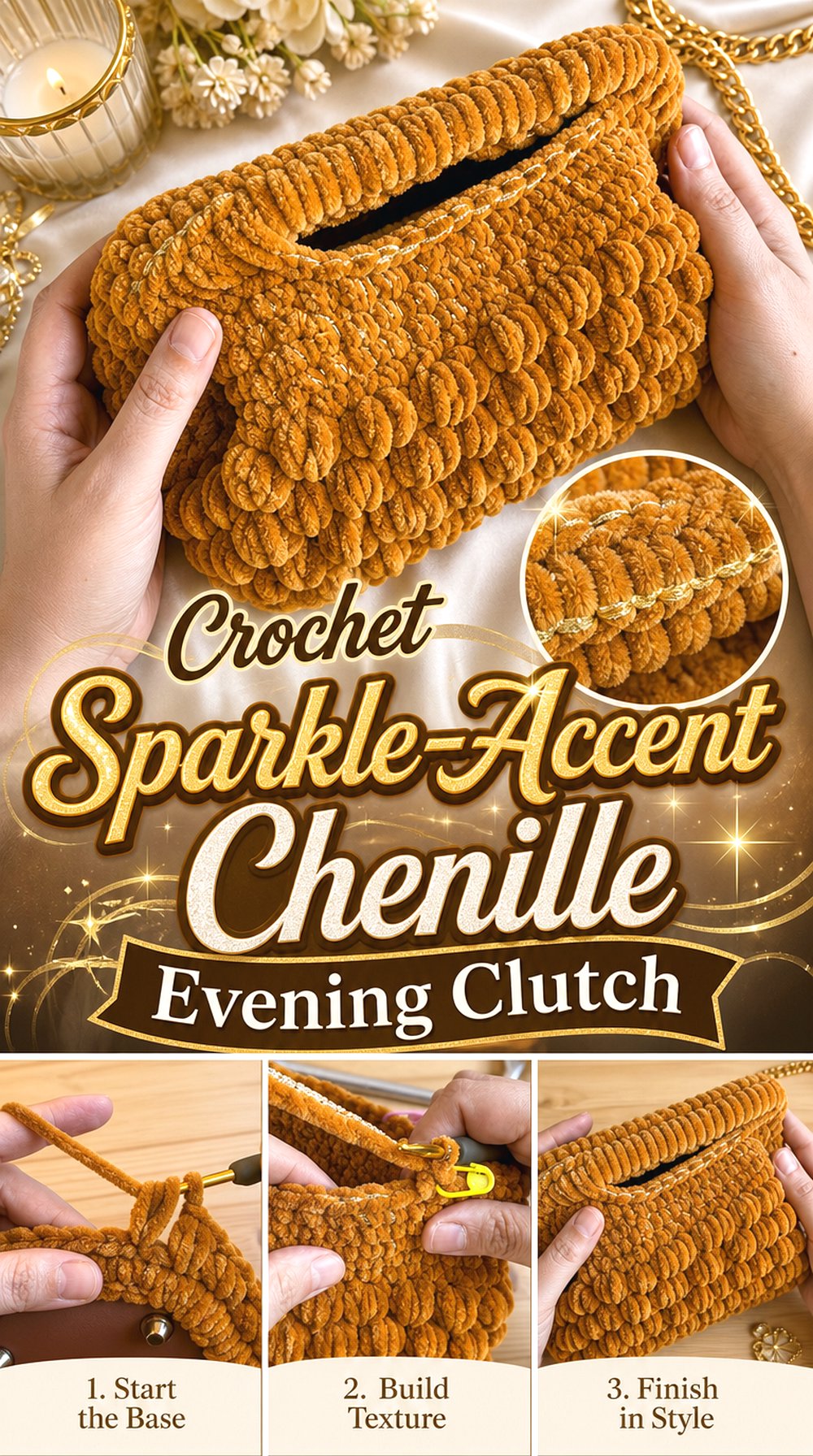 Crochet Sparkle-Accent Chenille Evening Clutch