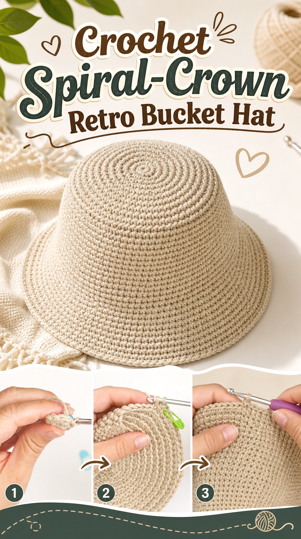 Crochet Spiral-Crown Retro Bucket Hat